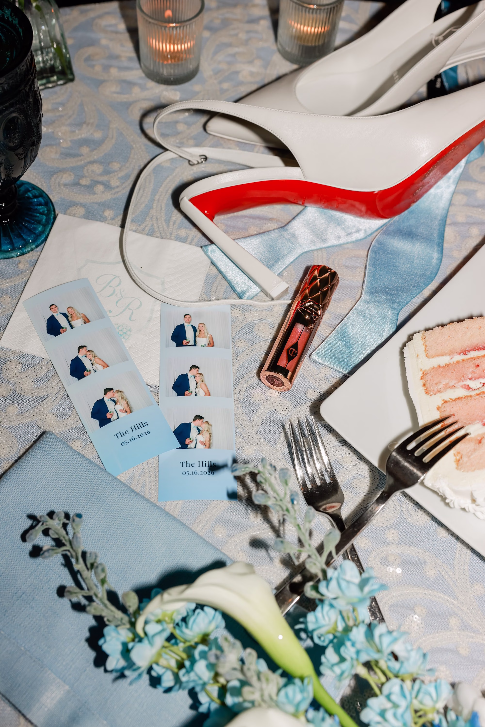 48Elegant Light Blue Coastal Florida Wedding Ideas - Elegant Blue Modern Coastal Wedding | Opal Sands Clearwater Beach Bride's Red Sole Wedding Shoes with Photo Booth Strips and Light Blue Place Card Wedding Reception Details Ideas