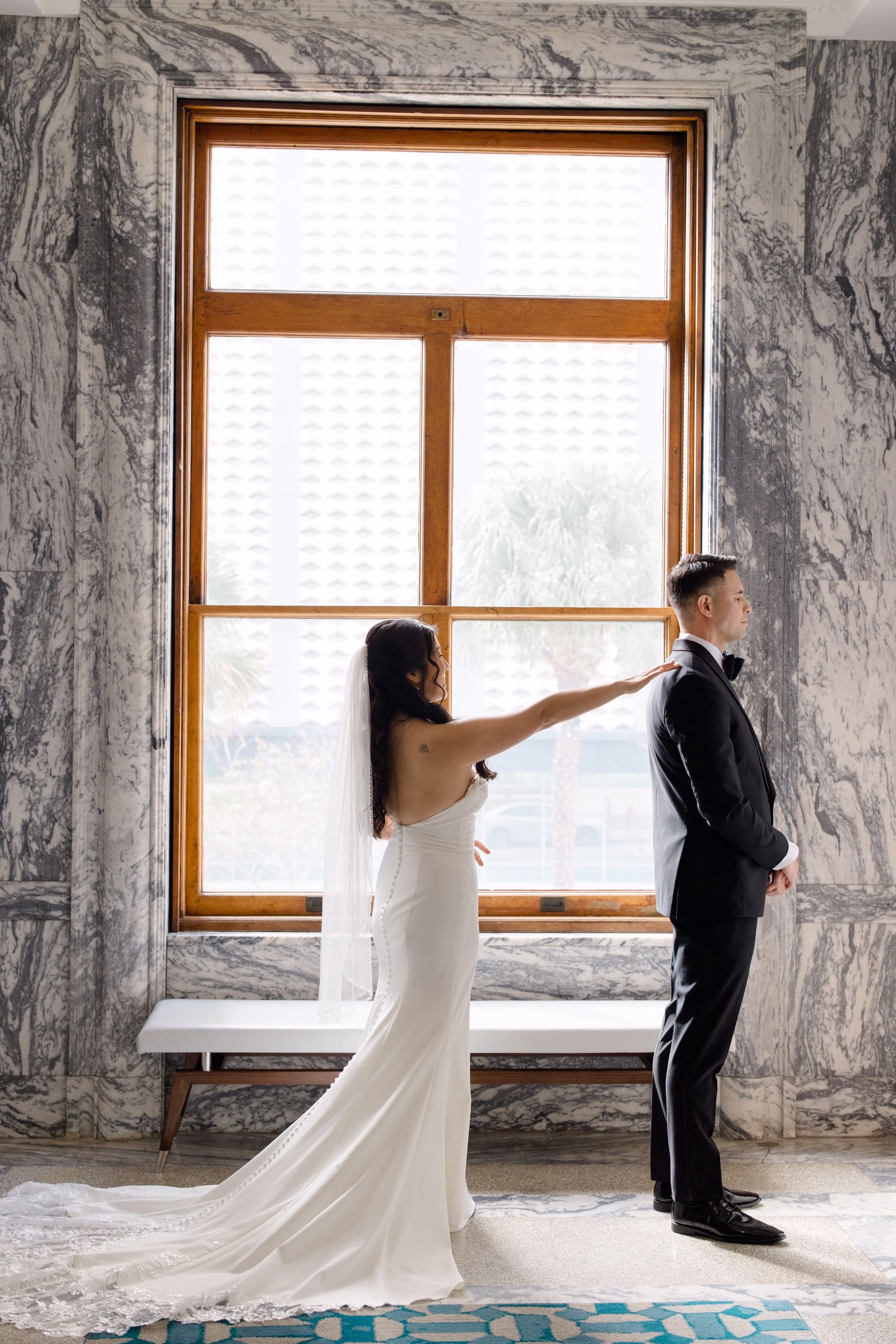 4Elegant Dusty Blue and Gold Wedding Inspiration - Elegant, Dusty Blue and Gold Downtown Tampa Wedding | Le Méridien Tampa Bride and Groom First Look Wedding Portrait
