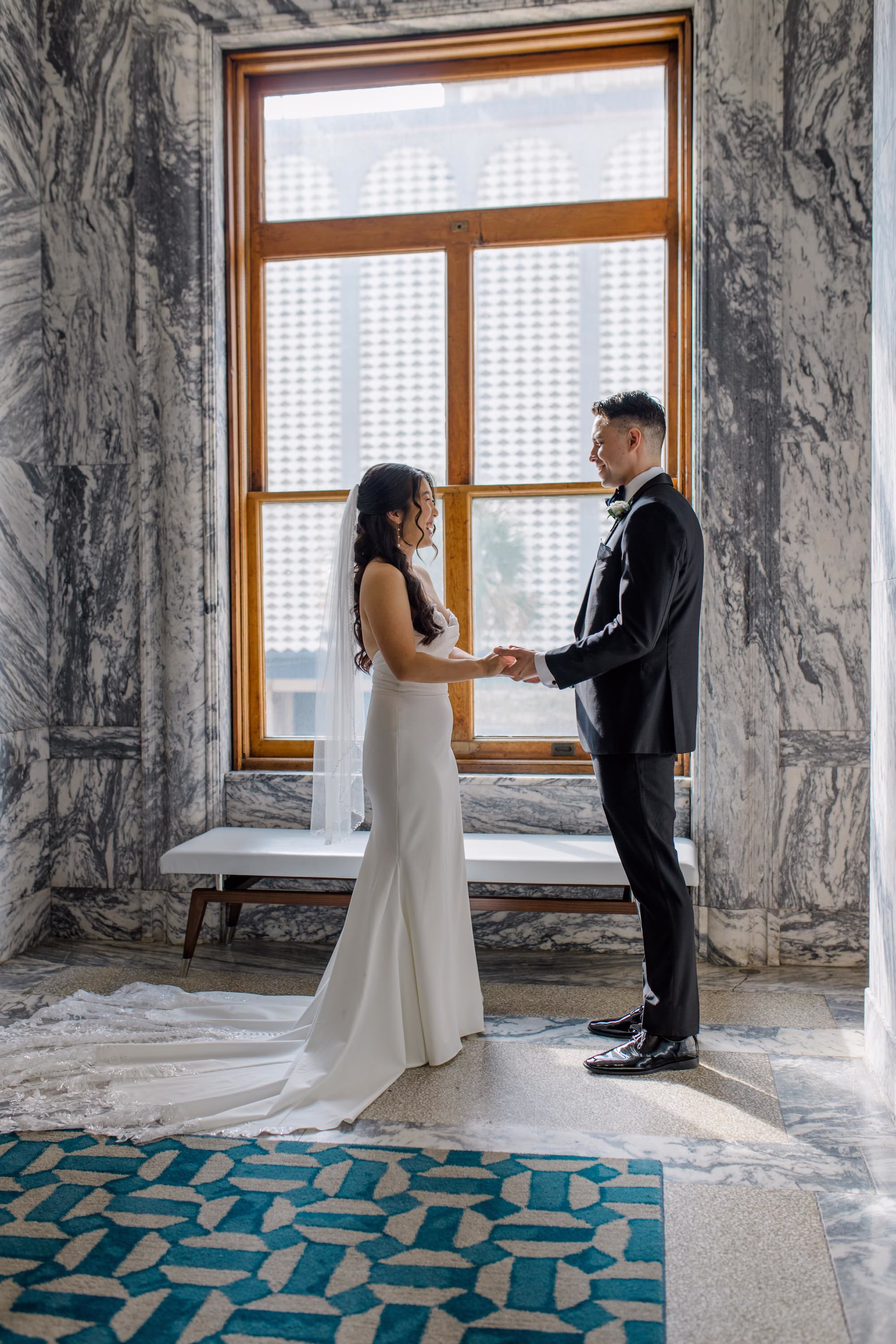 5Elegant Dusty Blue and Gold Wedding Inspiration - Elegant, Dusty Blue and Gold Downtown Tampa Wedding | Le Méridien Tampa Bride and Groom First Look Wedding Portrait