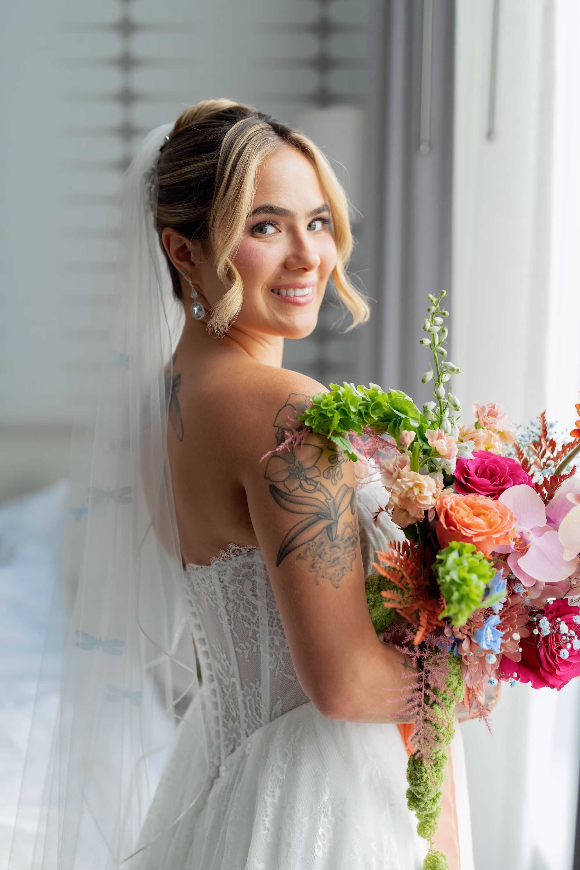 White Serene Meyer Wedding Dress Ideas | Whimsical Vibrant Wedding Bridal Bouquet Inspiration