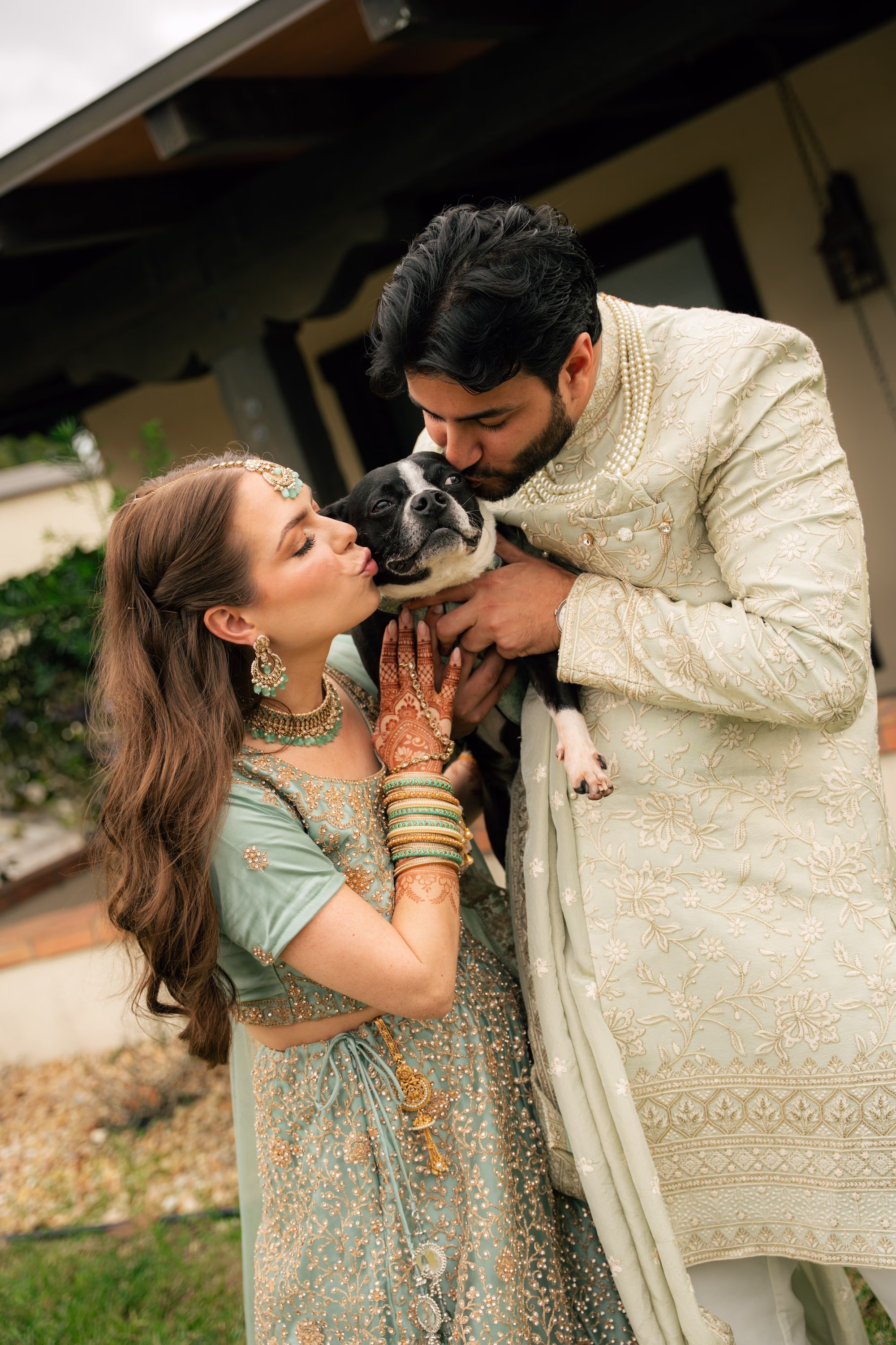 Bride and Groom With Dog Wedding Portrait