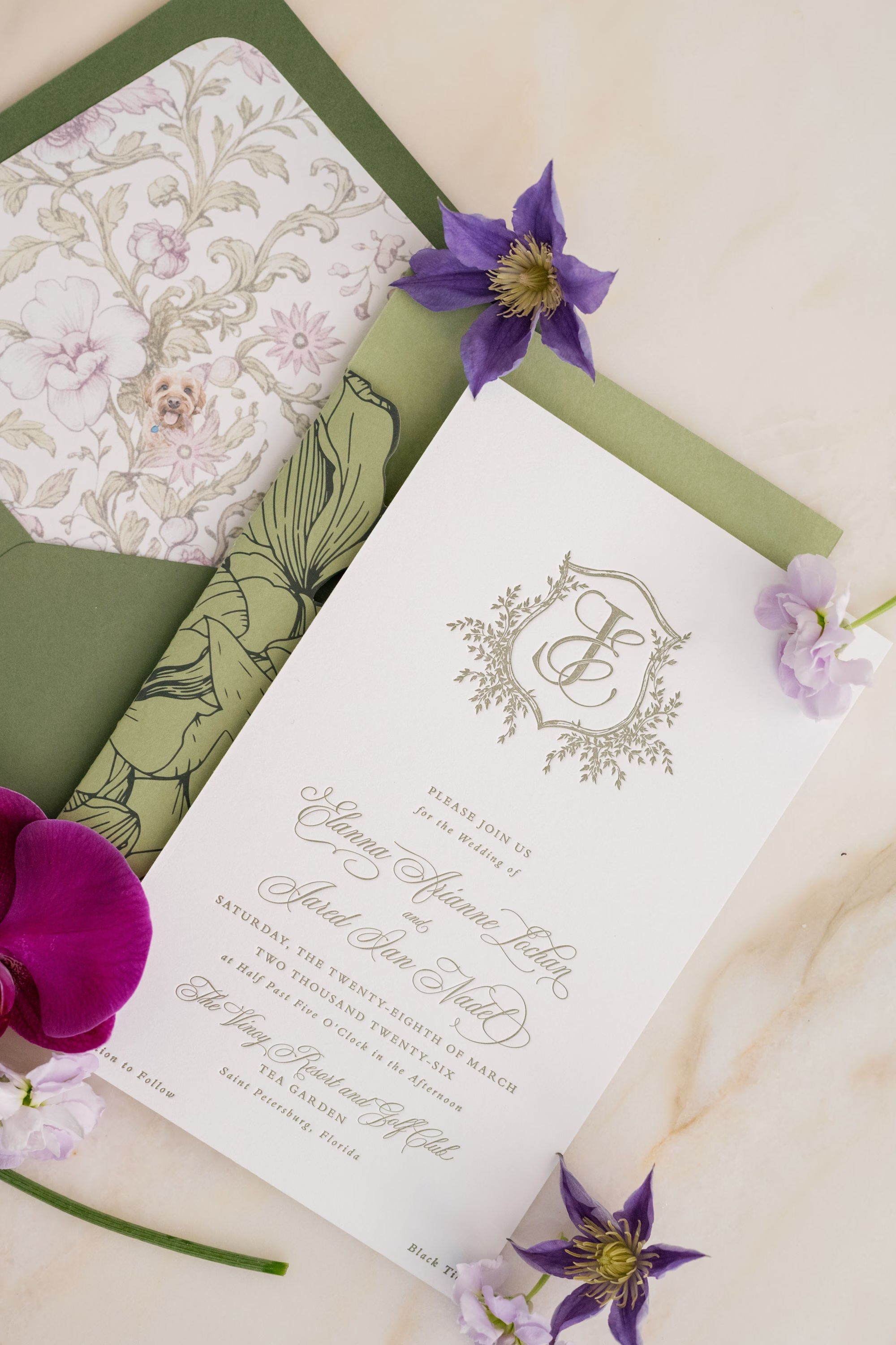 Elegant Green and White Wedding Invitation Suite with Floral Envelope Liner and Monogram Crest Inspiration