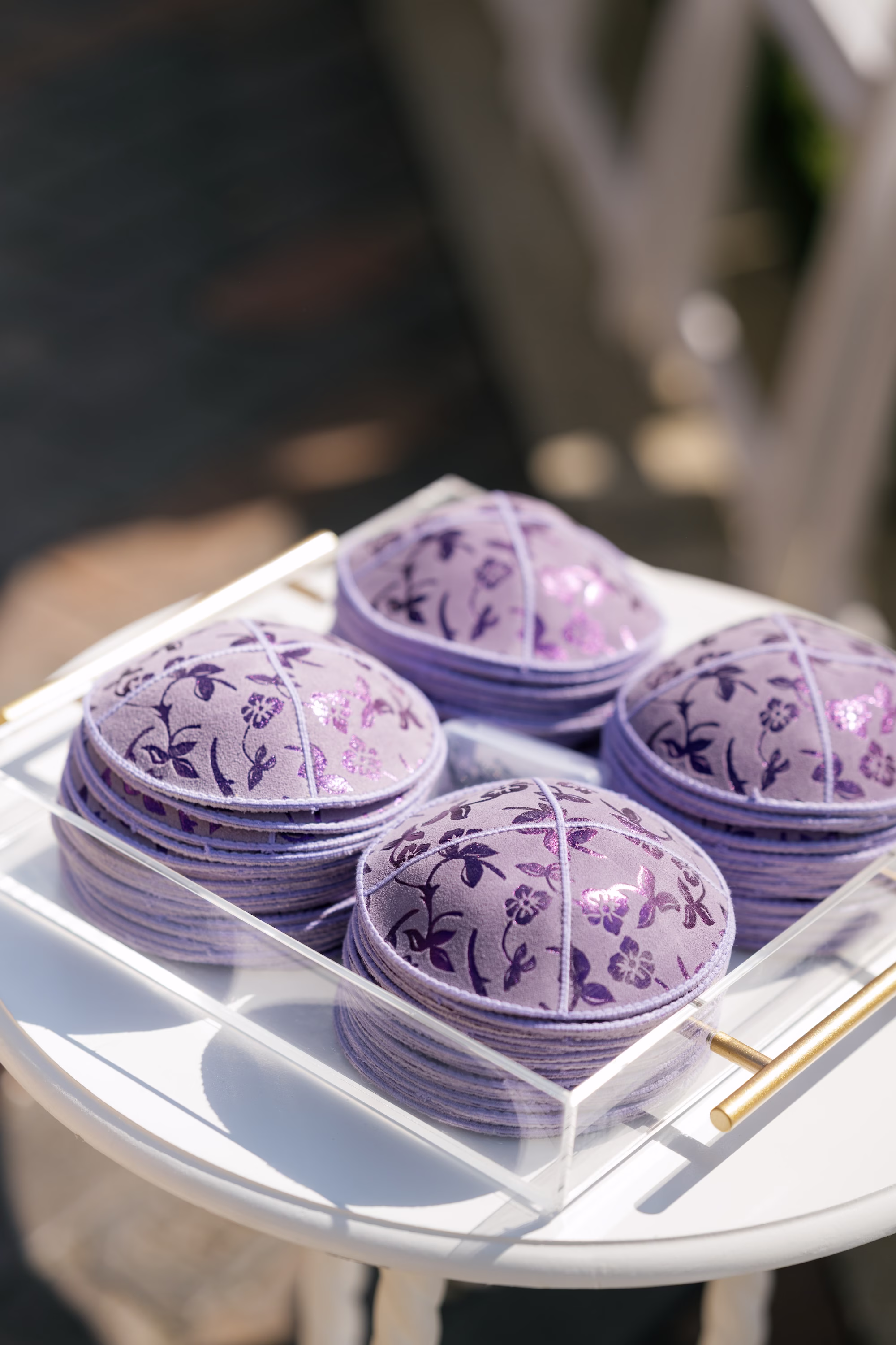 Lavender Floral Kippahs in Acrylic Tray Jewish Wedding Ceremony Ideas