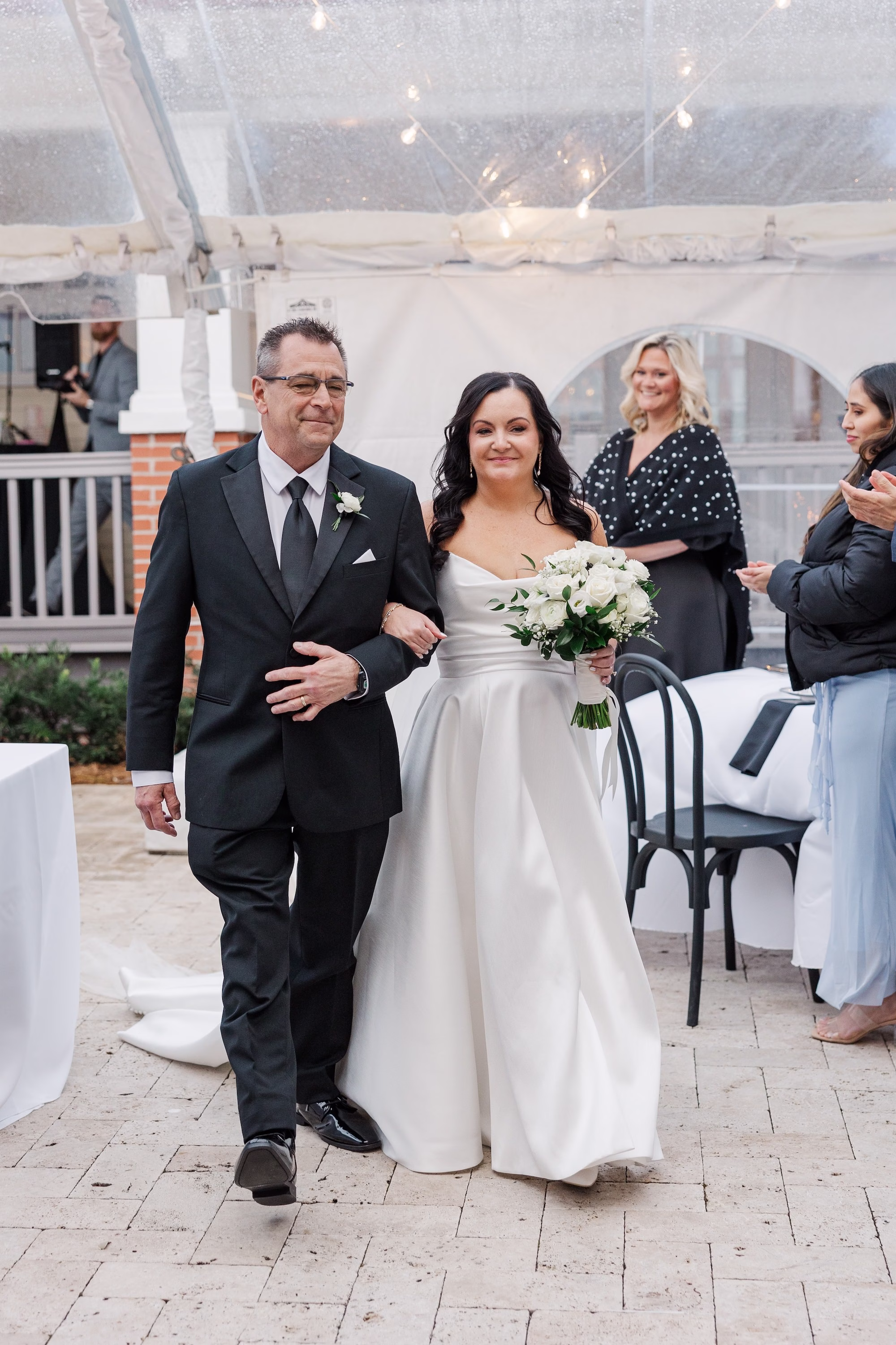 Bride and Father Walking Down Wedding Ceremony Aisle Under Clear Tent