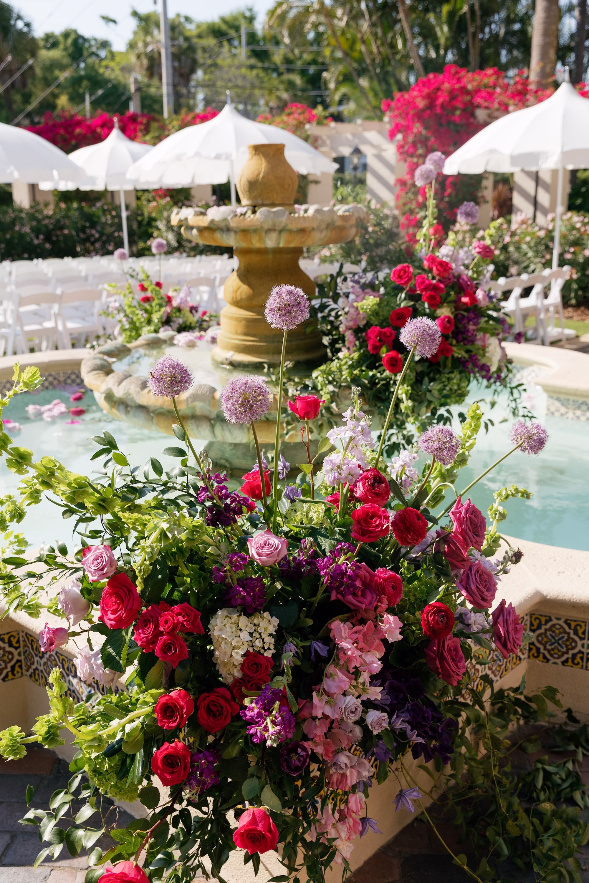 Vibrant Red, Pink and Purple Rose, Allium and Hydrangea Wedding Ceremony Fountain Floral Arrangement Ideas | St. Pete Florist Bruce Wayne Florals