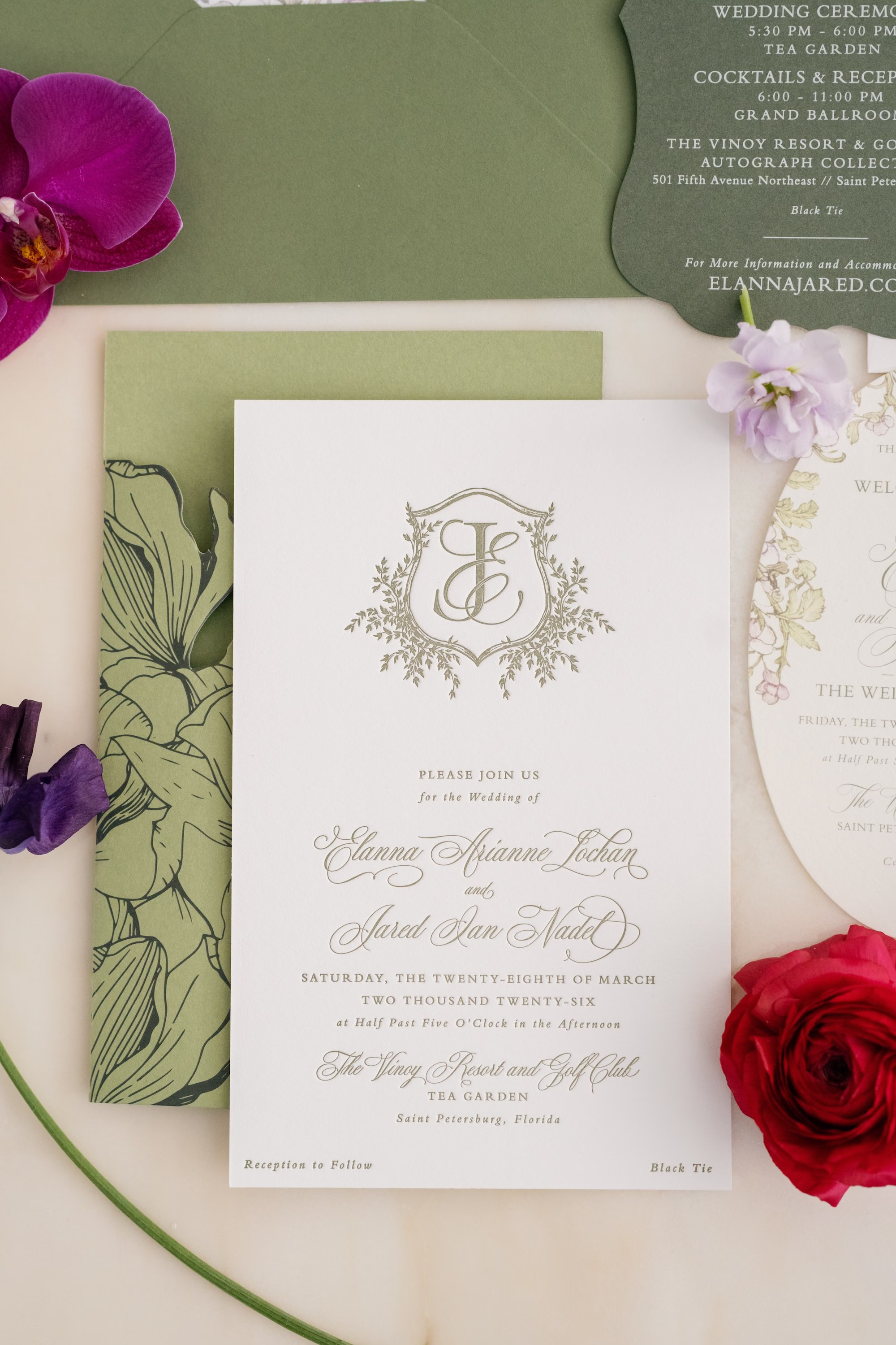 Classic Sage Green and Ivory Wedding Invitation Suite with Purple and Fuchsia Orchid Flowers Ideas