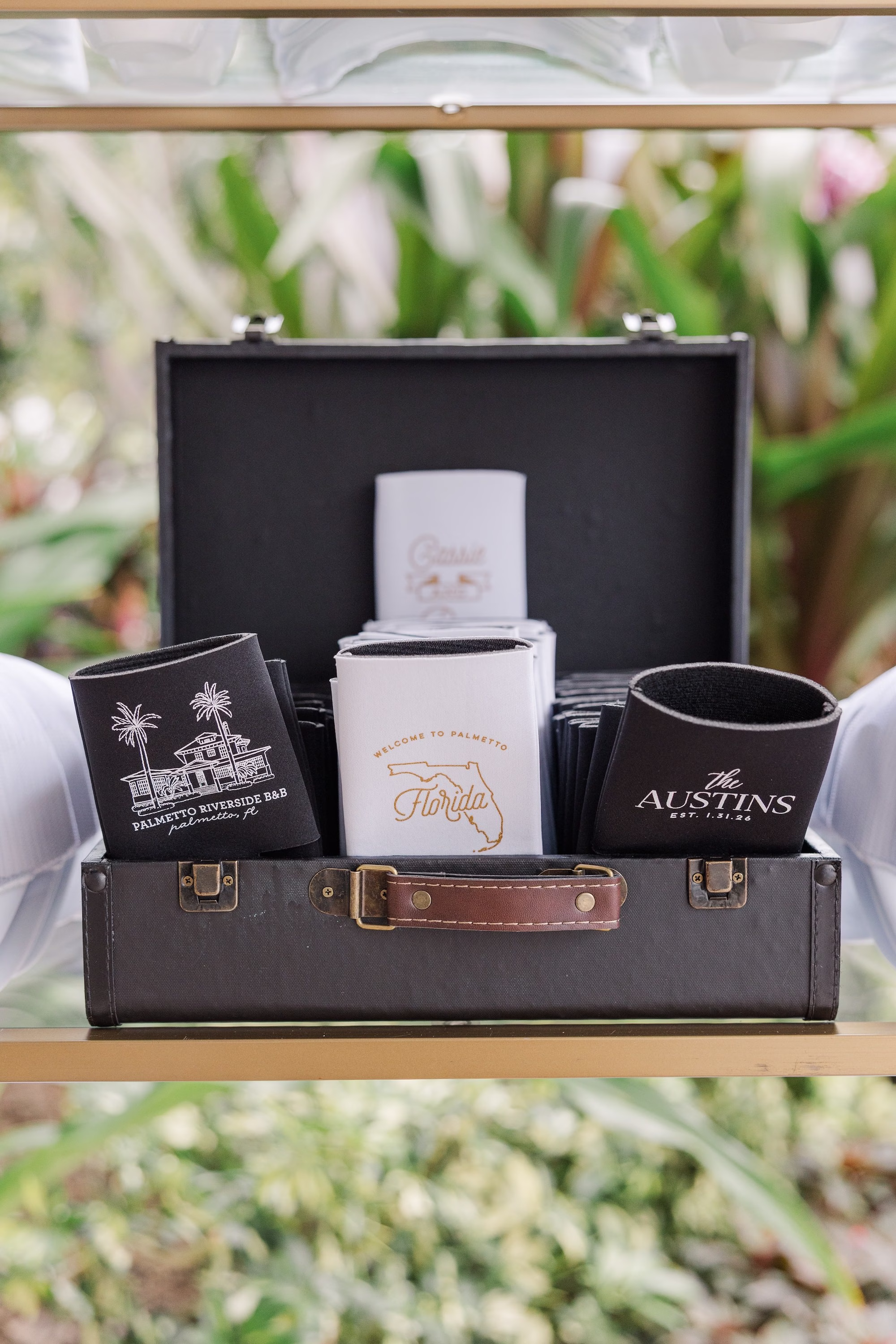 Custom Black and White Palmetto Riverside Bed and Breakfast Wedding Koozies in Vintage Trunk Wedding Favor Ideas