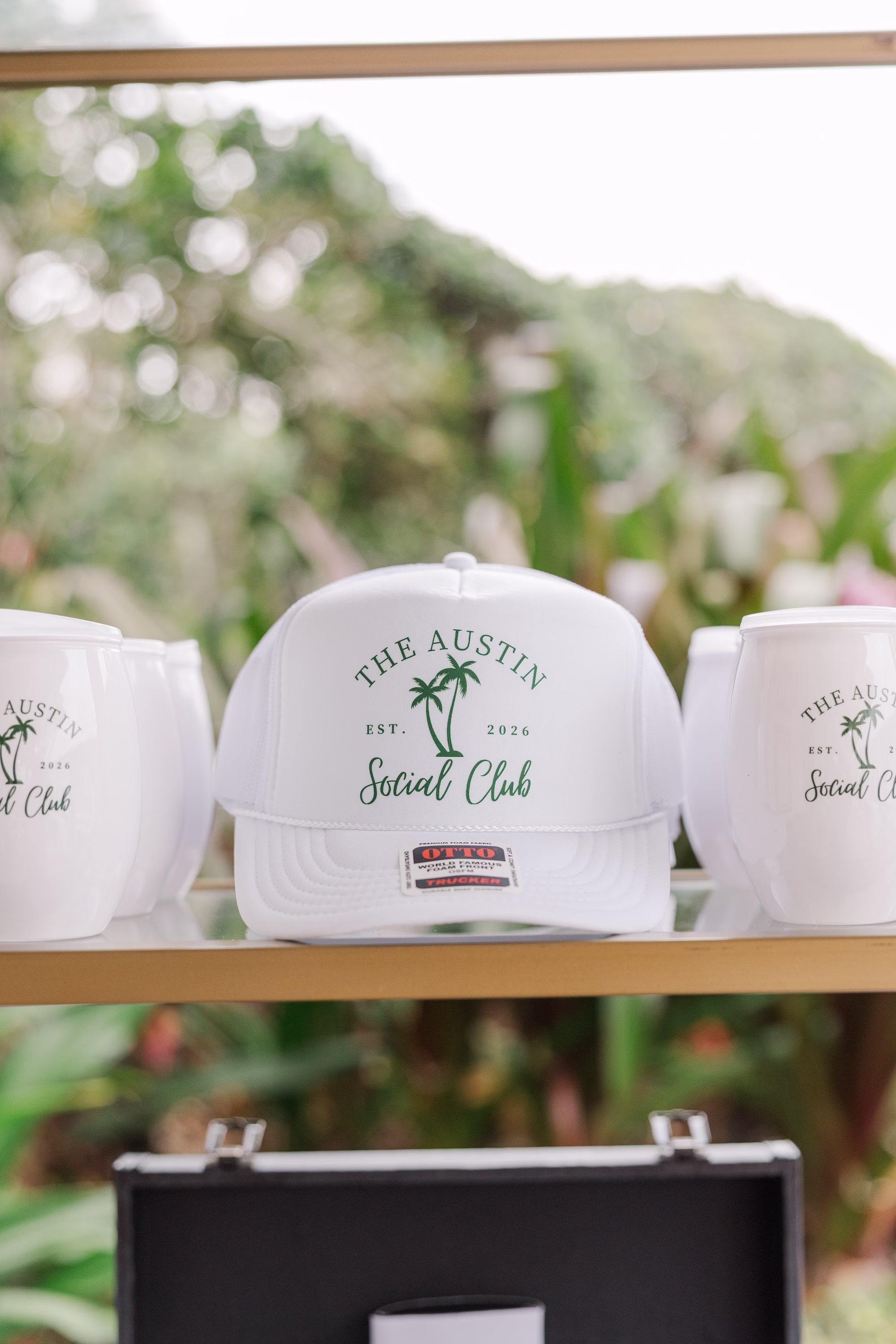 Custom White The Austin Social Club Palm Tree Trucker Hat Wedding Favor Ideas