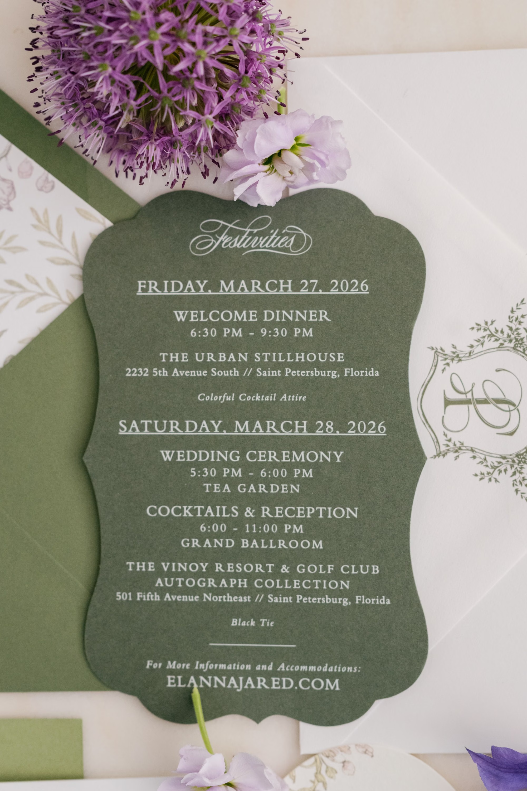 Elegant Green Die-Cut Wedding Weekend Itinerary Card with Purple Allium Flowers Inspiration