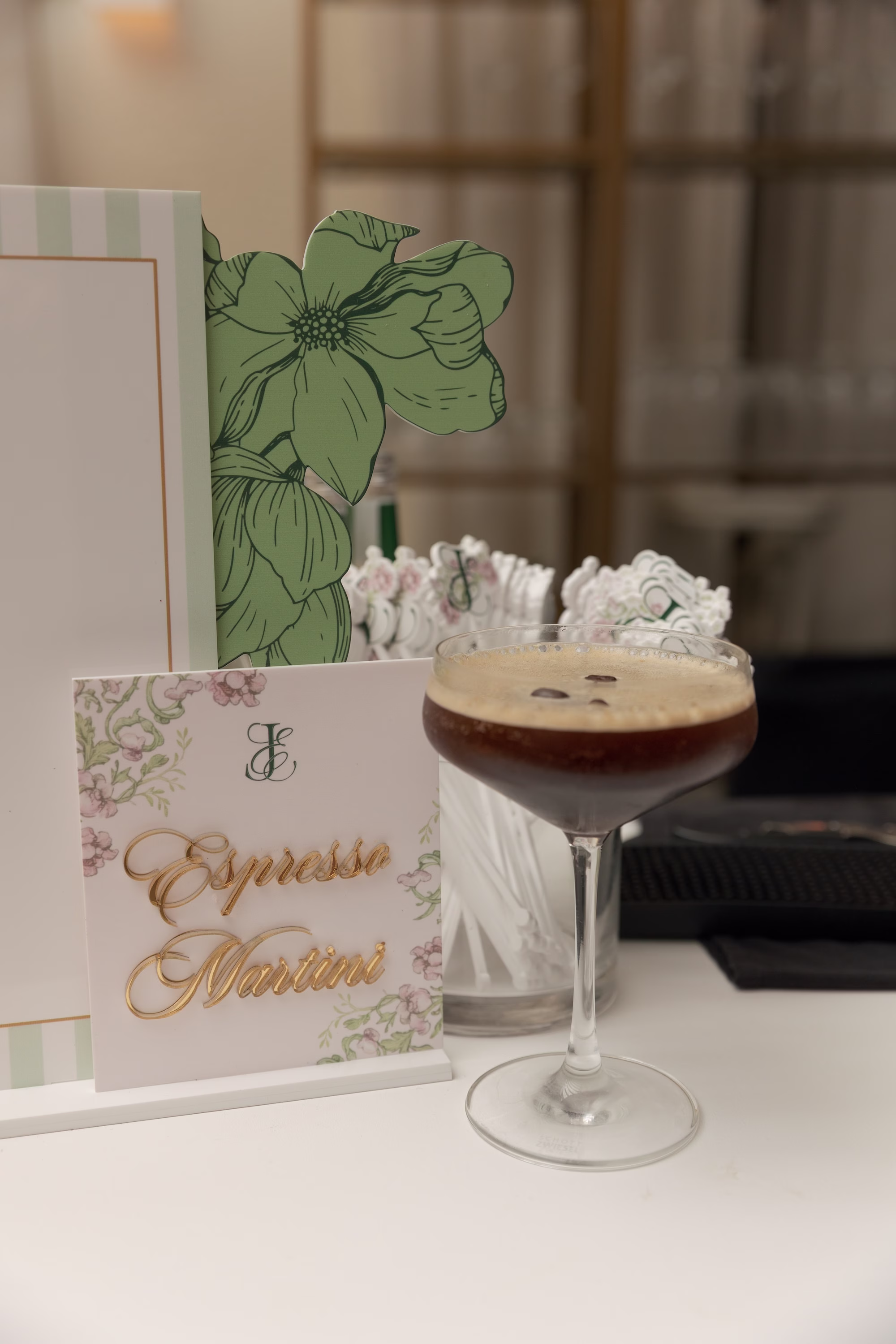 Espresso Martini Signature Wedding Reception Cocktail with Pink Floral Bar Sign Ideas