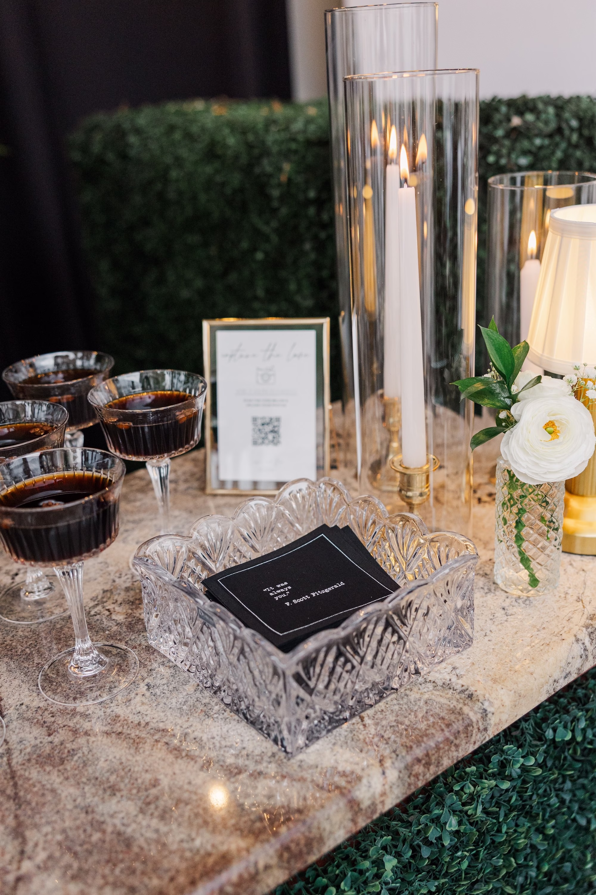 Espresso Martini Wedding Bar with Gold Framed Drink Menu, Crystal Dish of Custom Matchbooks and Taper Candles Ideas
