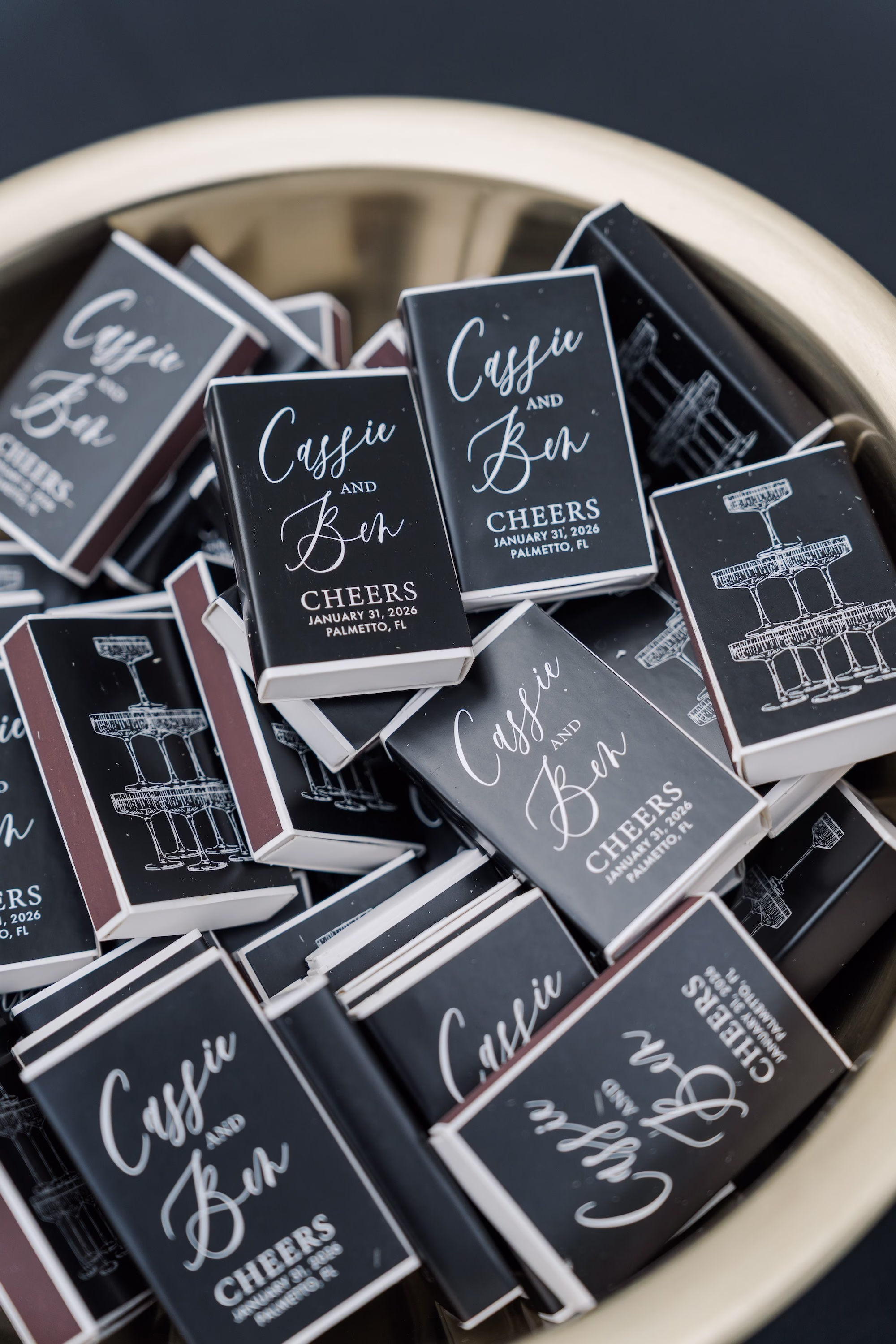 Custom Black and White Cassie and Ben Wedding Matchbook Favors in Gold Bowl Ideas