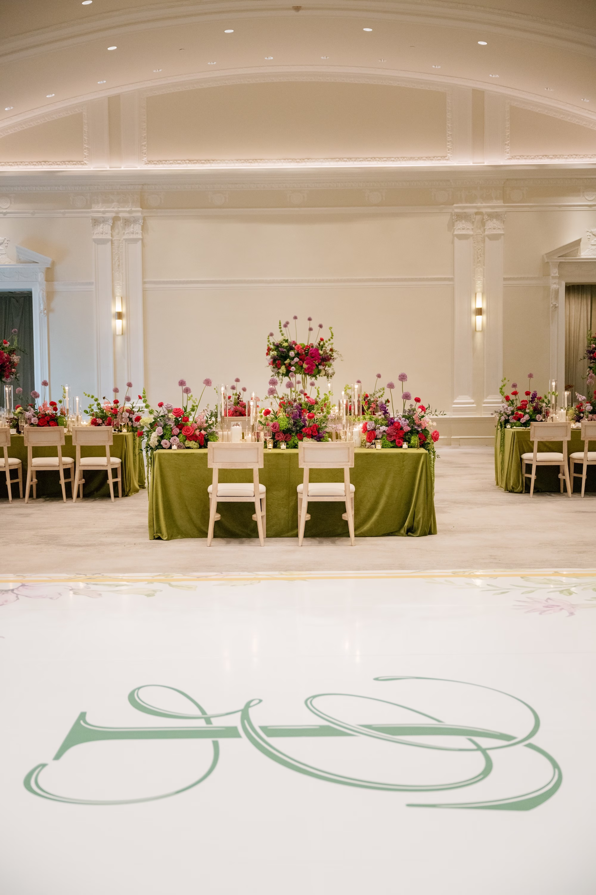 Custom Green Script Monogram White Wedding Dance Floor Wrap with Green Velvet Reception Tables Ideas | Grand Ballroom Wedding Reception at St. Pete Venue The Vinoy | Planner Parties A' La Carte | Florist Bruce Wayne Florals