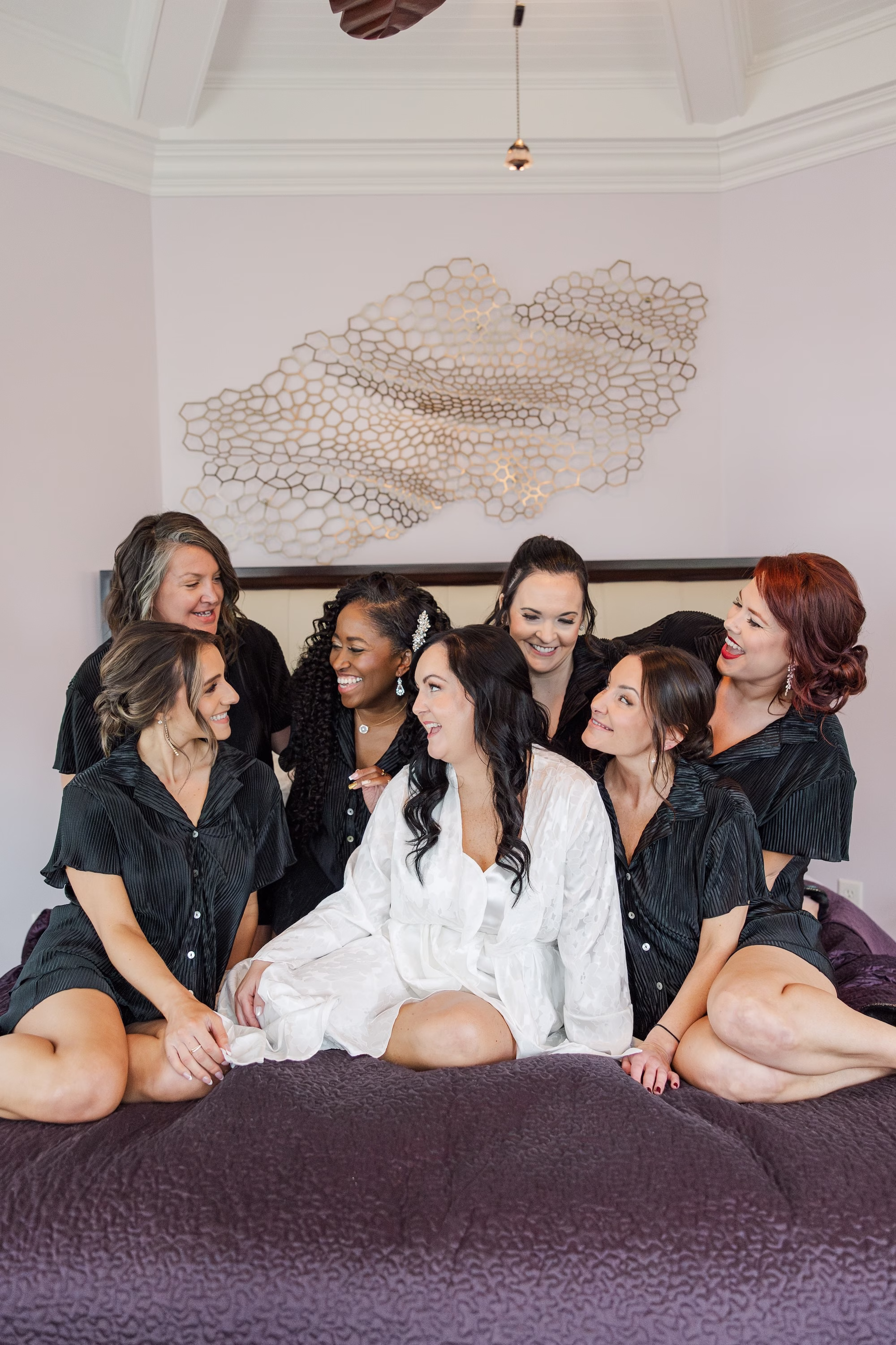 Bride and Bridesmaids Getting Ready Wedding Portrait in Black Pajama Sets and White Lace Robe