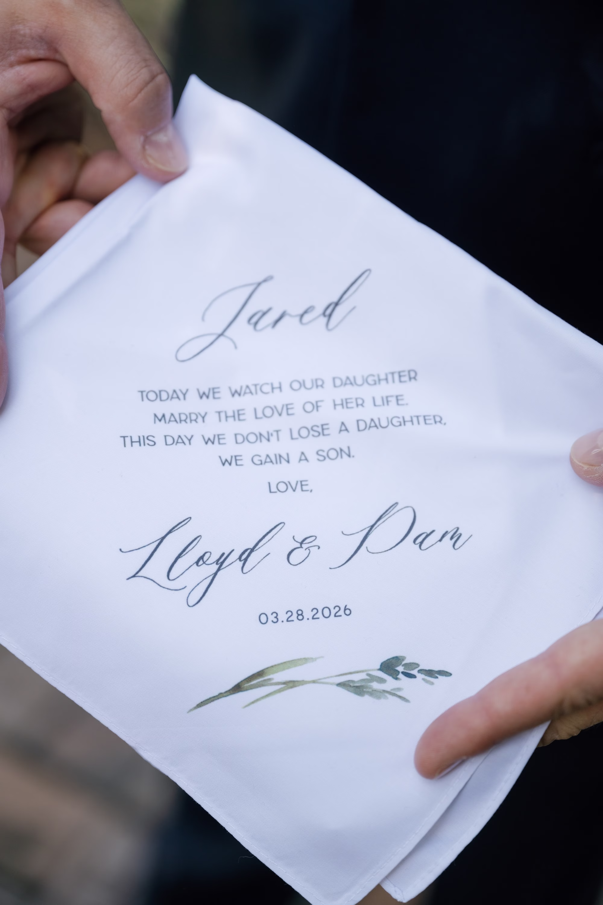 Groom Holding Personalized Handkerchief Wedding Gift from Bride's Parents Ideas
