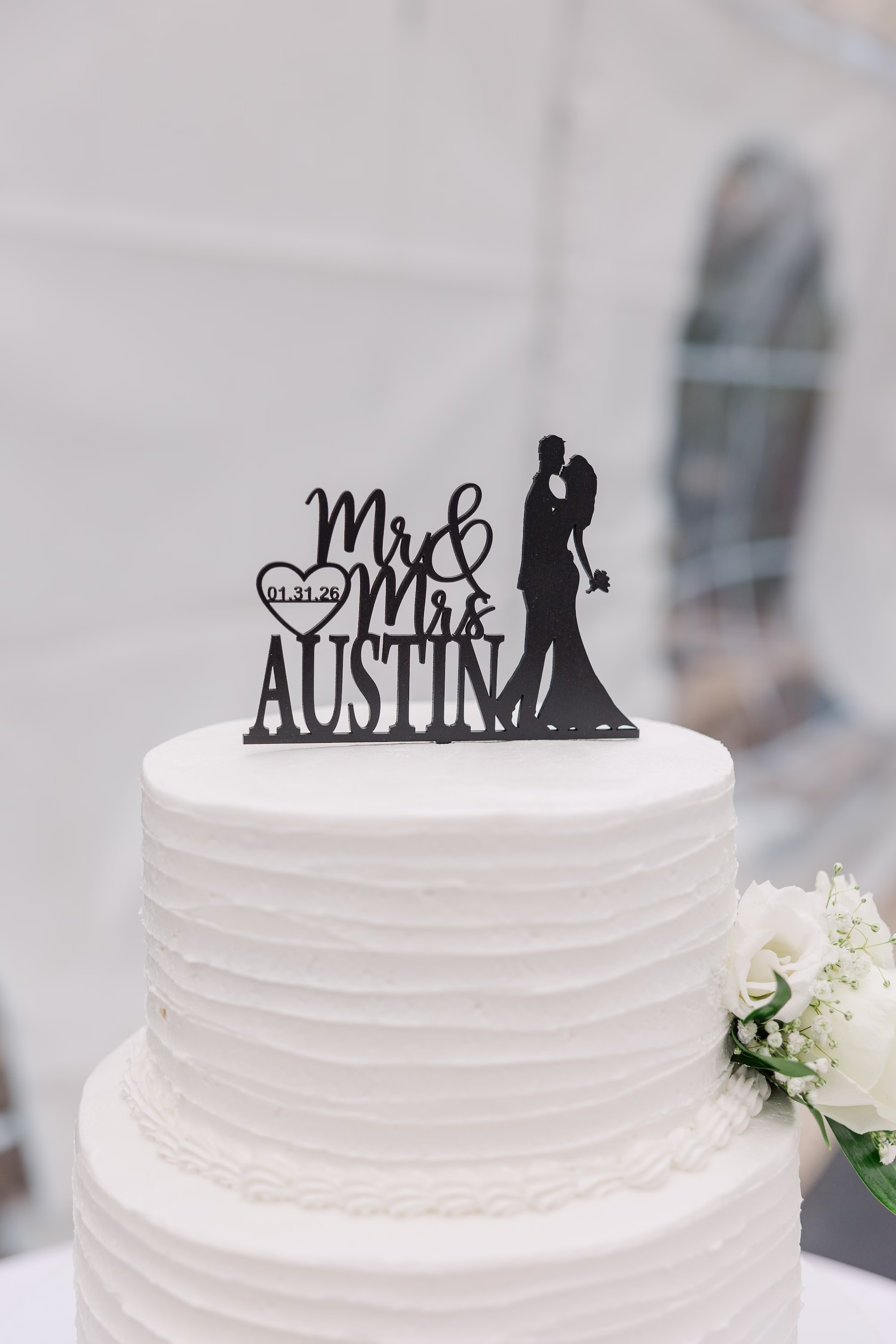 Classic White Textured Buttercream Wedding Cake with Black Mr and Mrs Austin Silhouette Cake Topper Ideas