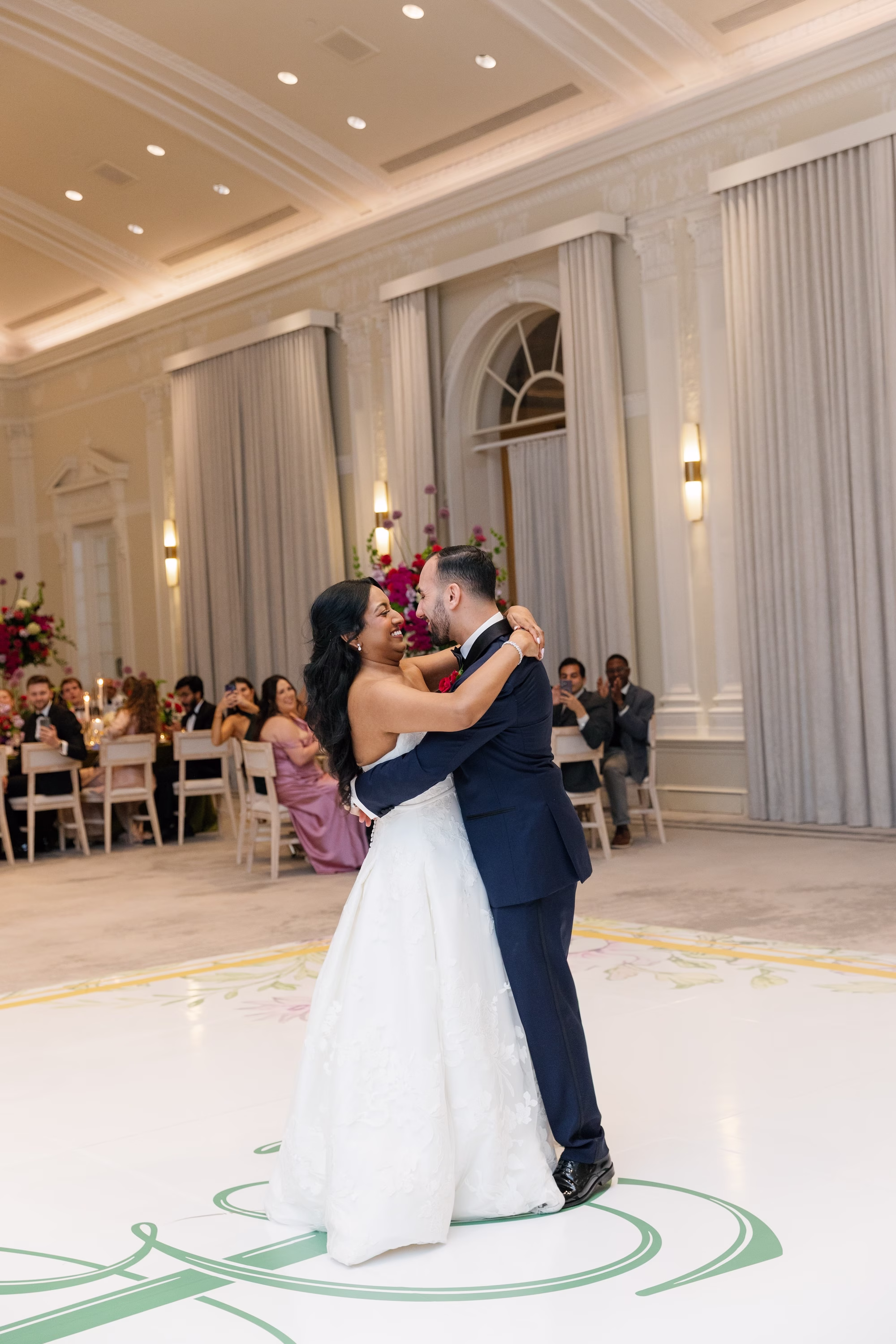 Bride and Groom First Dance Wedding Portrait on Custom Monogram Dance Floor