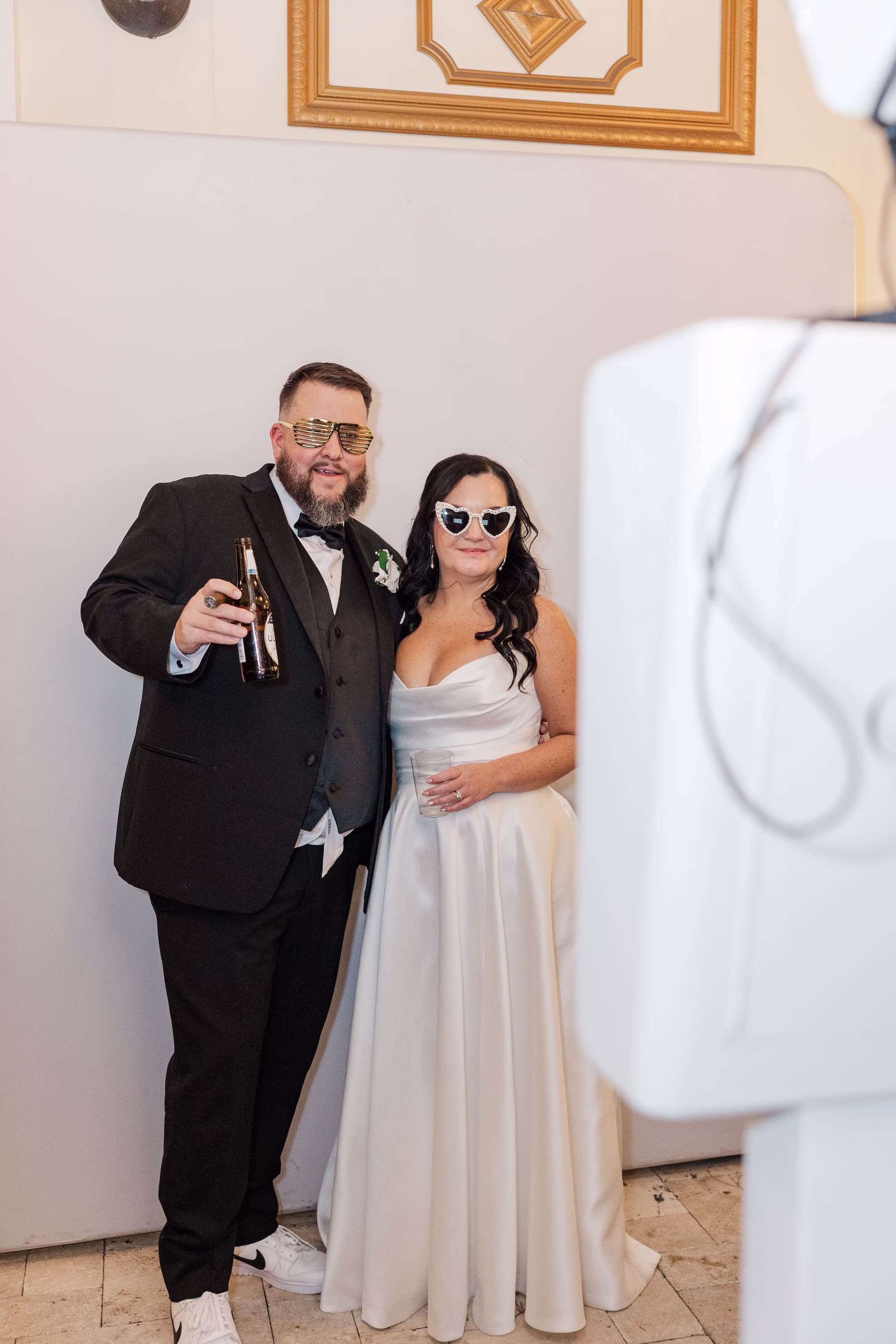 Bride and Groom in Heart Sunglasses Wedding Photo Booth Portrait | Palmetto Photobooth The Gala Photobooth