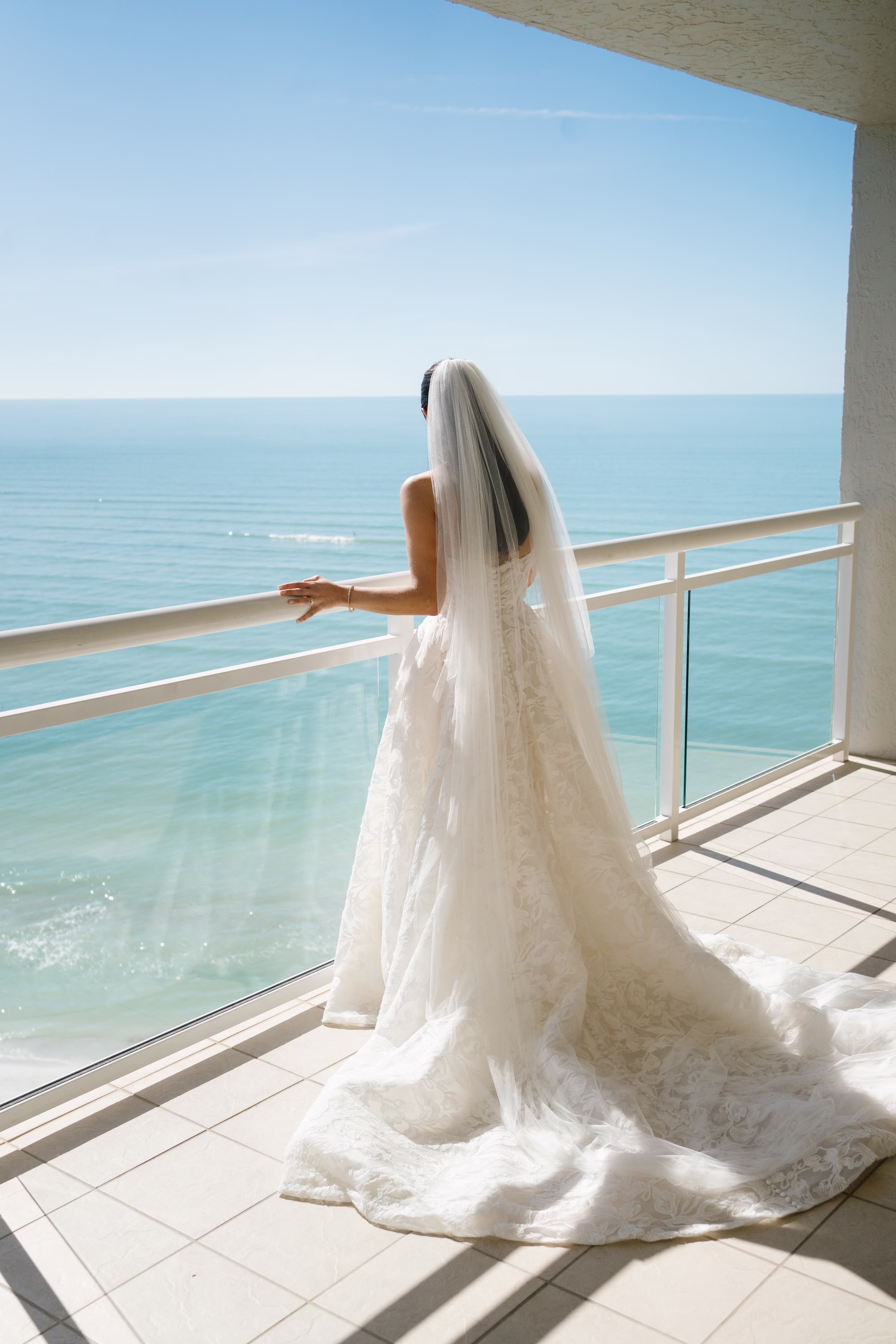 6Coastal Nancy Meyers Inspired Florida Beach Wedding - Coastal Blue, White, and Green Sarasota Wedding | The Resort at Longboat Key Club Ivory Floral Lace Jenny Yoo Wedding Dress Ideas