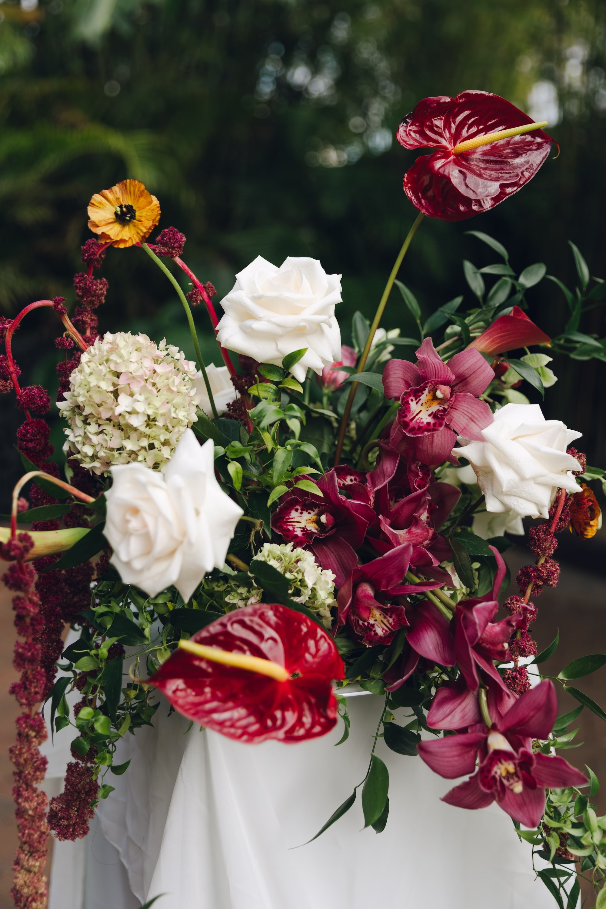 10Burgundy Vintage Romance Wedding Ideas - Vintage Romance Pink and Burgundy Downtown St. Pete Wedding | NOVA 535 Burgundy Anthurium, Orchid, White Rose and Hydrangea Ceremony Arrangement on White Pedestal Ideas