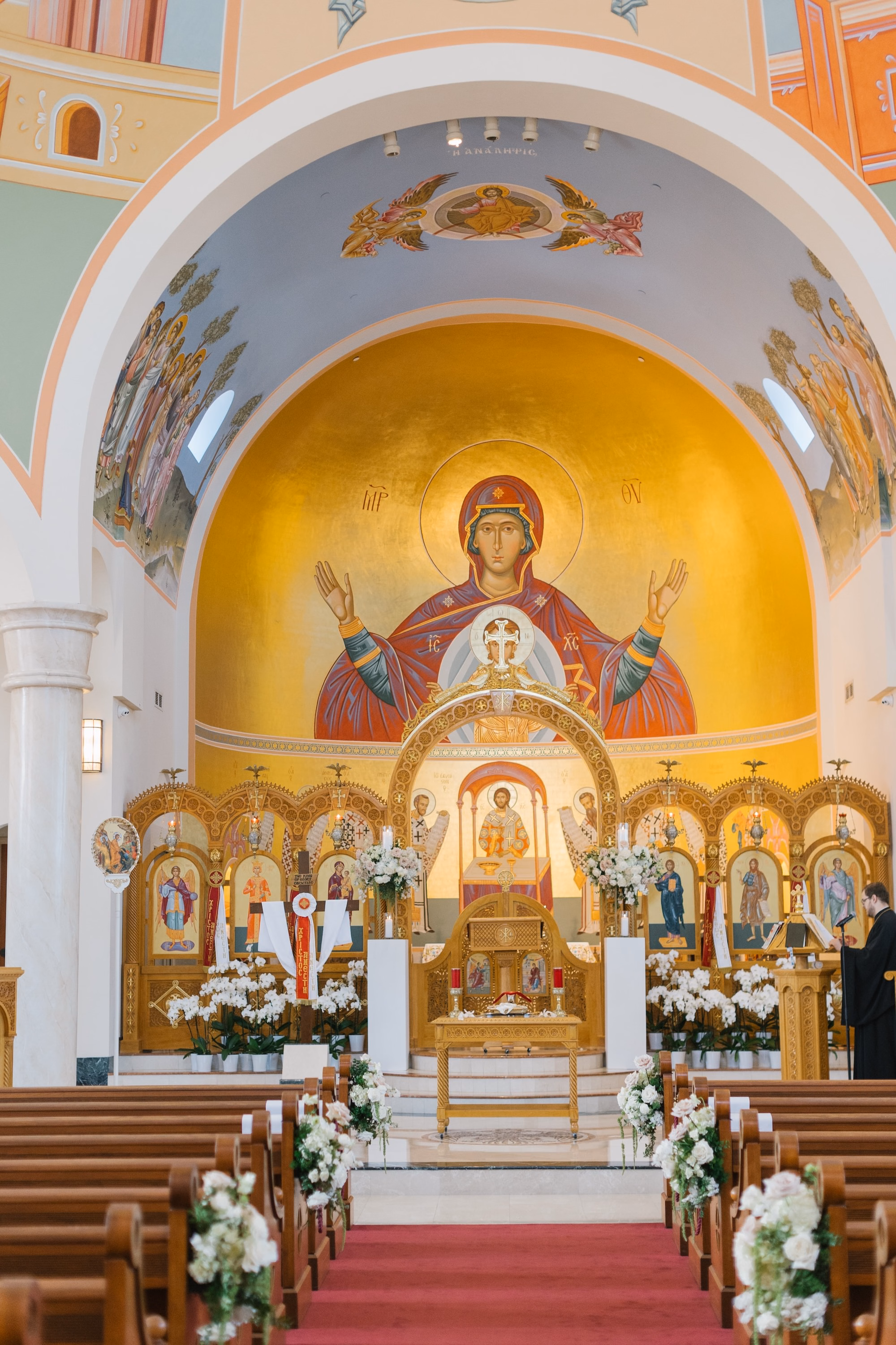10Luxurious Romantic Garden Ballroom Wedding Inspiration Naples VenueSt. Katherines Greek - Luxurious Garden-Inspired Naples Wedding | Hyatt Regency Coconut Point Greek Orthodox Church Wedding Ceremony Altar | Gold Mosaic Iconography and White Floral Arrangement Decor Inspiration | Traditional Greek Orthodox Wedding Ceremony Ideas | Bonita Springs Venue St. Katherine Greek Orthodox Church