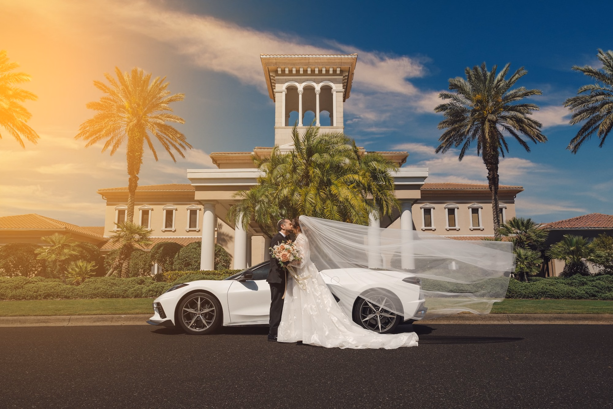 13Romantic Gold and Ivory Florida Wedding Ideas Sarasota Venue Lakewood Ranch Golf Country Club - Romantic Ivory and Gold Sarasota Wedding | Lakewood Ranch Golf & Country Club Bride and Groom Wedding Portrait with White Corvette Getaway Car Inspiration | Bridal Cathedral Veil Inspiration | Blush and White Bridal Bouquet Ideas | St. Pete Photographer and Videographer Iyrus Weddings | Mediterranean Classic Country Club Wedding Venue Lakewood Ranch Golf and Country Club