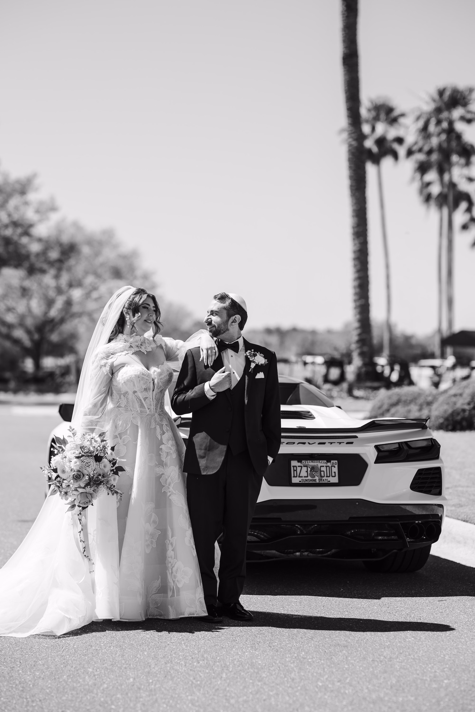 15Romantic Gold and Ivory Florida Wedding Ideas - Romantic Ivory and Gold Sarasota Wedding | Lakewood Ranch Golf & Country Club Black and White Bride and Groom Wedding Portrait with Corvette Getaway Car Inspiration | Sarasota Wedding Photographer and Videographer Iyrus Weddings
