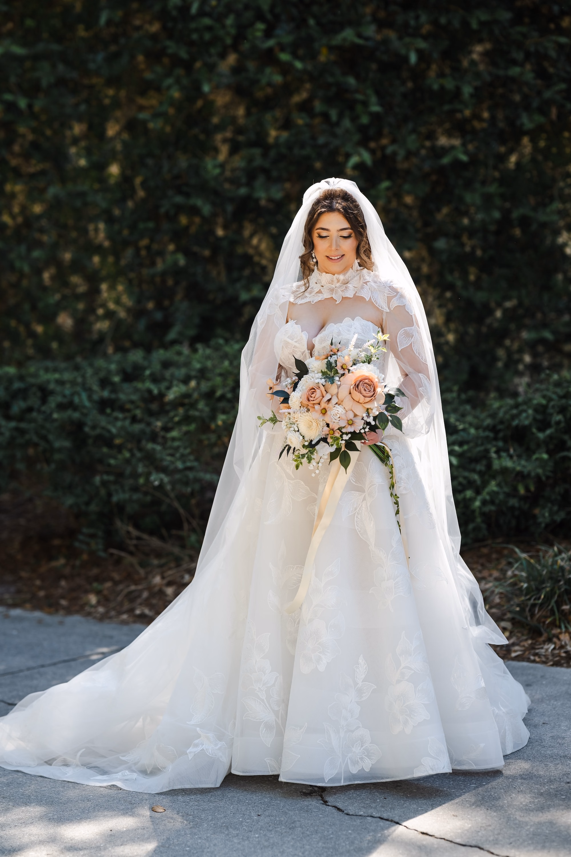 17Romantic Gold and Ivory Florida Wedding Ideas - Romantic Ivory and Gold Sarasota Wedding | Lakewood Ranch Golf & Country Club Bride Wedding Portrait | Long Sleeve, High Neck Floral Lace Ballgown Wedding Gown Inspiration with Cathedral Length Veil Ideas | Blush, White and Ivory Bridal Bouquet Inspiration | Sarasota Wedding Photographer and Videographer Iyrus Weddings
