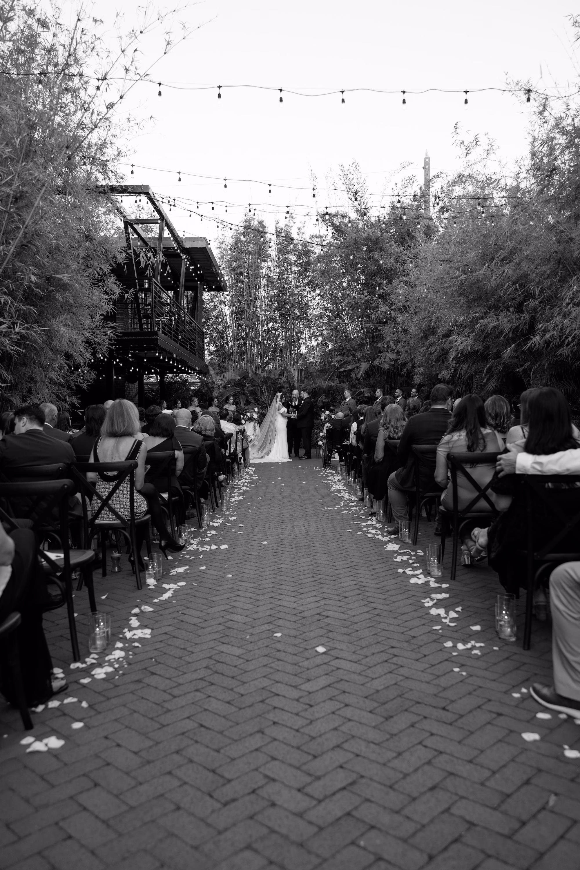 19Burgundy Vintage Romance Wedding Ideas St Pete Venue NOVA 535 - Vintage Romance Pink and Burgundy Downtown St. Pete Wedding | NOVA 535 Black and White Photo of Petal-Lined Brick Aisle and Guests at Bamboo Courtyard Wedding Ceremony Under String Lights | Courtyard Wedding Ceremony at St. Pete Venue NOVA 535