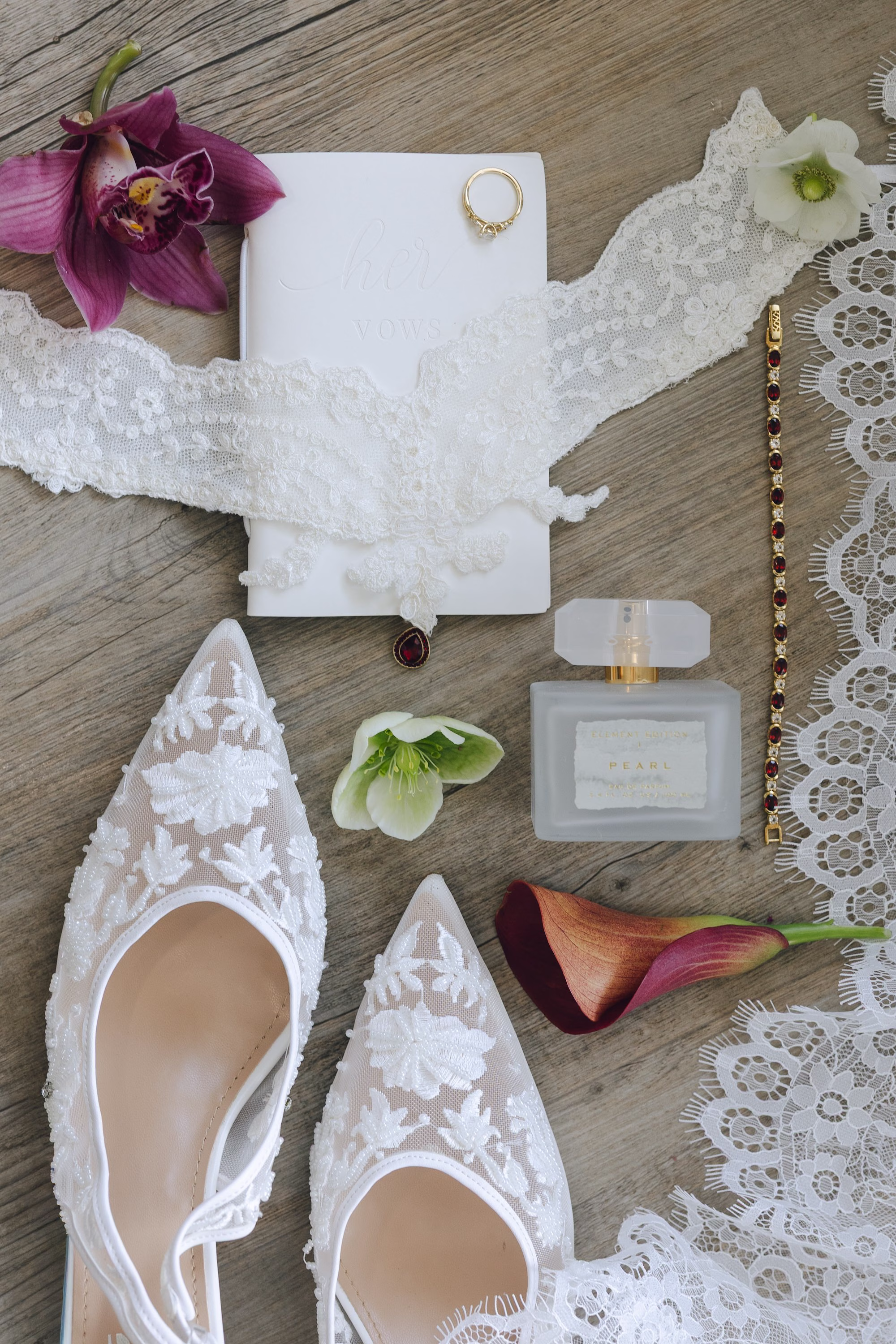 1Burgundy Vintage Romance Wedding Ideas - Vintage Romance Pink and Burgundy Downtown St. Pete Wedding | NOVA 535 Bridal Details Flat Lay with White Floral Lace Pointed-Toe Heels, Lace Veil, Burgundy Orchids and Calla Lily Ideas