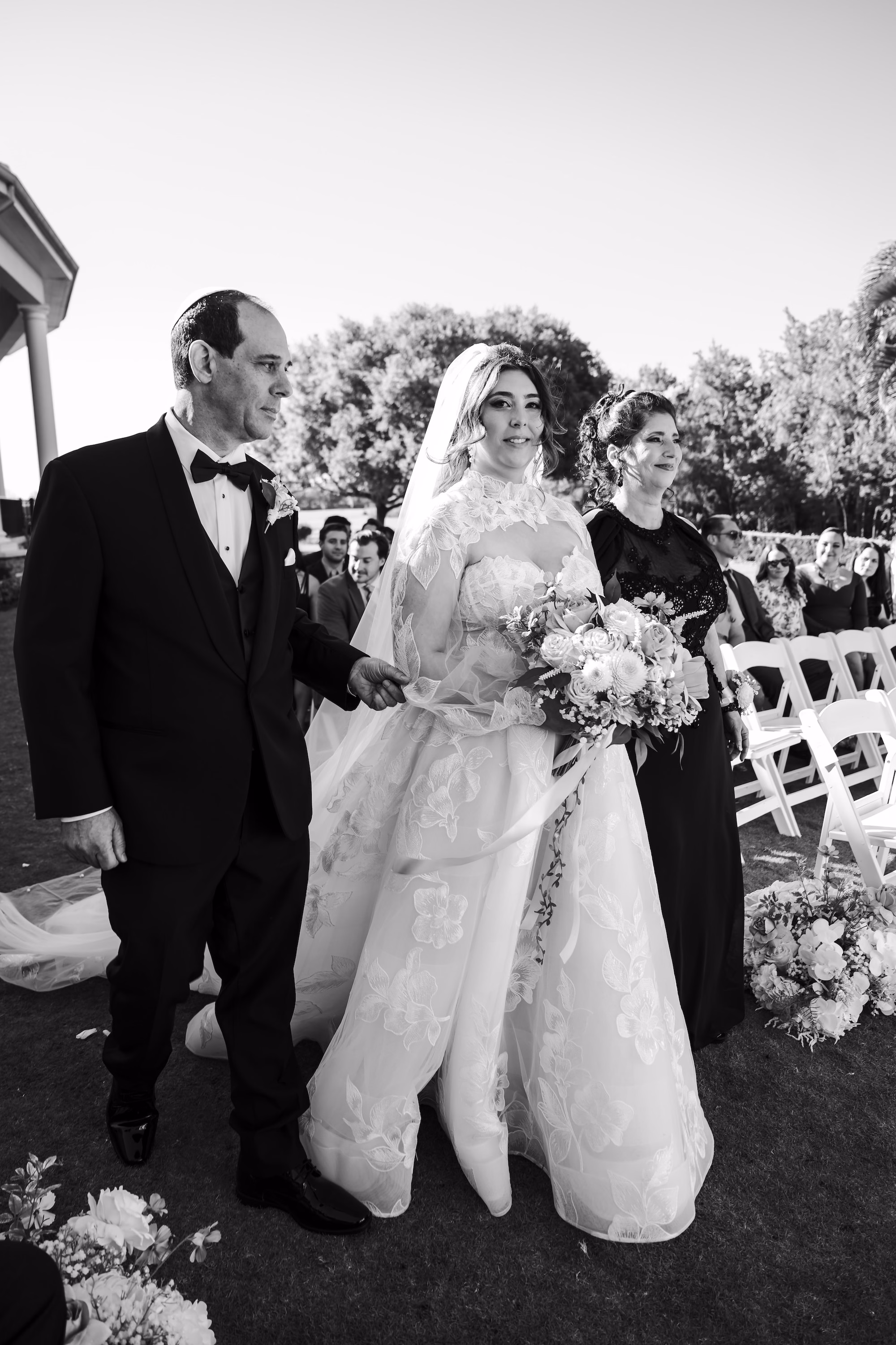 24Romantic Gold and Ivory Florida Wedding Ideas - Romantic Ivory and Gold Sarasota Wedding | Lakewood Ranch Golf & Country Club Bride, Mother and Father Walking Down Wedding Ceremony Aisle | Traditional Jewish Wedding Ceremony Tradition Inspiration | Sarasota Photographer and Videographer Iyrus Weddings