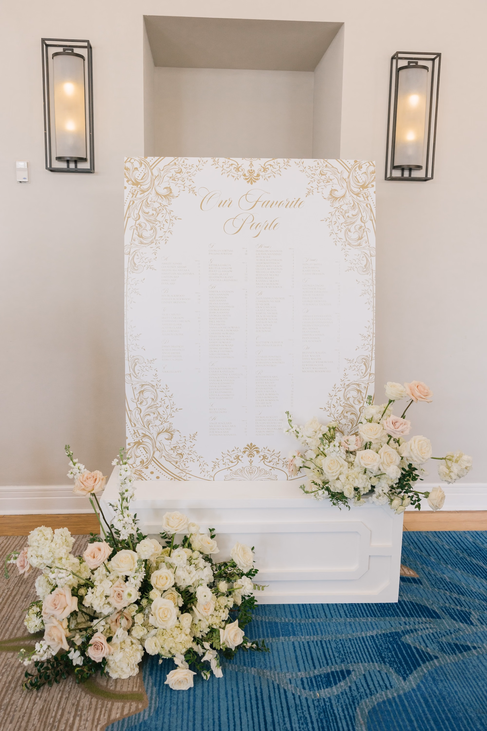 27Luxurious Romantic Garden Ballroom Wedding Inspiration - Luxurious Garden-Inspired Naples Wedding | Hyatt Regency Coconut Point Wedding Reception Seating Chart Display | Gold Script Acrylic Seating Chart Inspiration | White and Blush Floral Base Arrangement Decor Ideas | Bonita Springs Venue Hyatt Regency Coconut Point | Planner Parties A’ La Carte