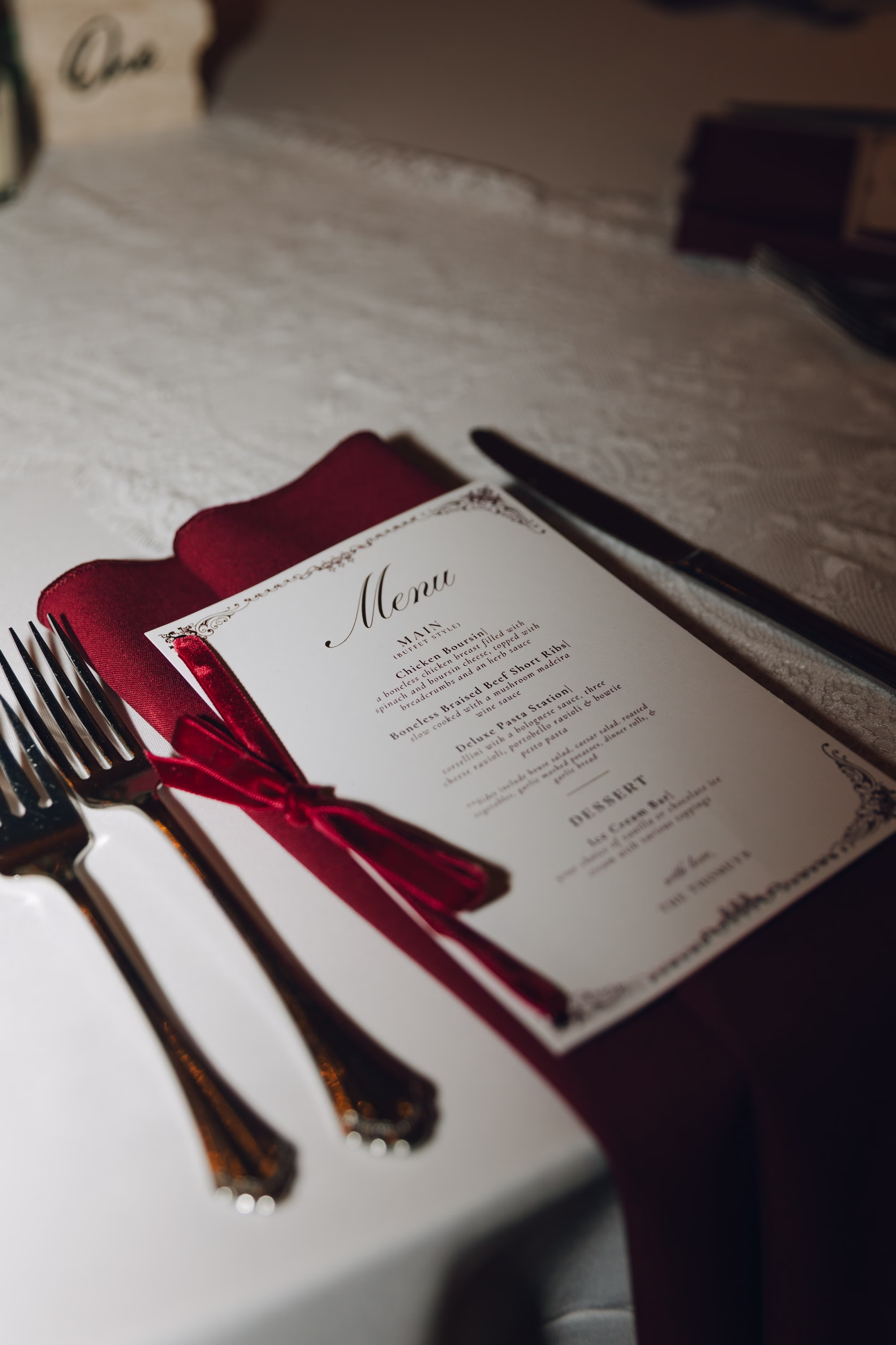 28Burgundy Vintage Romance Wedding Ideas - Vintage Romance Pink and Burgundy Downtown St. Pete Wedding | NOVA 535 Printed Wedding Menu Card Tied with Burgundy Ribbon on Burgundy Napkin with Gold Flatware Ideas