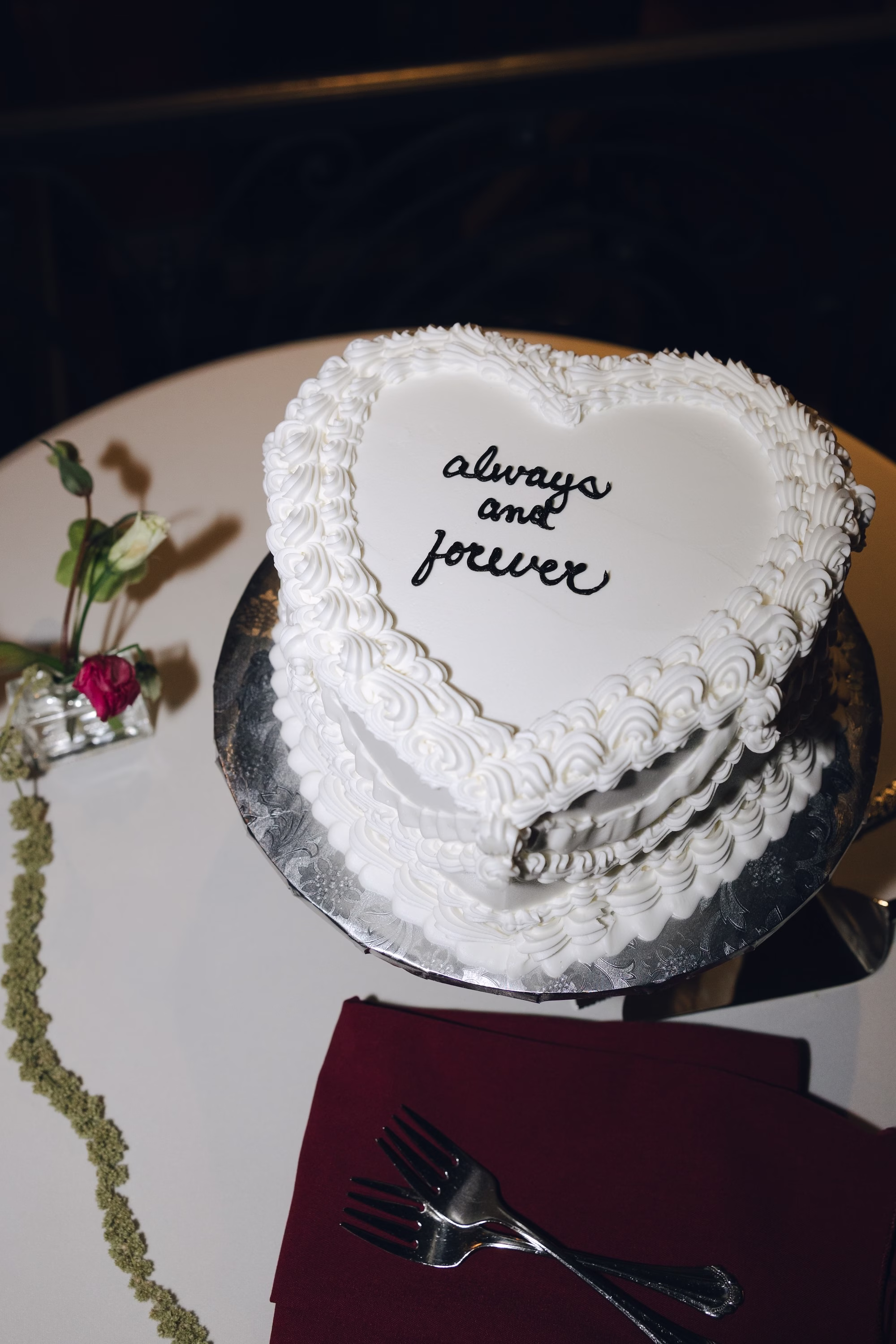 29Burgundy Vintage Romance Wedding Ideas - Vintage Romance Pink and Burgundy Downtown St. Pete Wedding | NOVA 535 Heart-Shaped White Buttercream Wedding Cake with Always and Forever Script Lettering Ideas