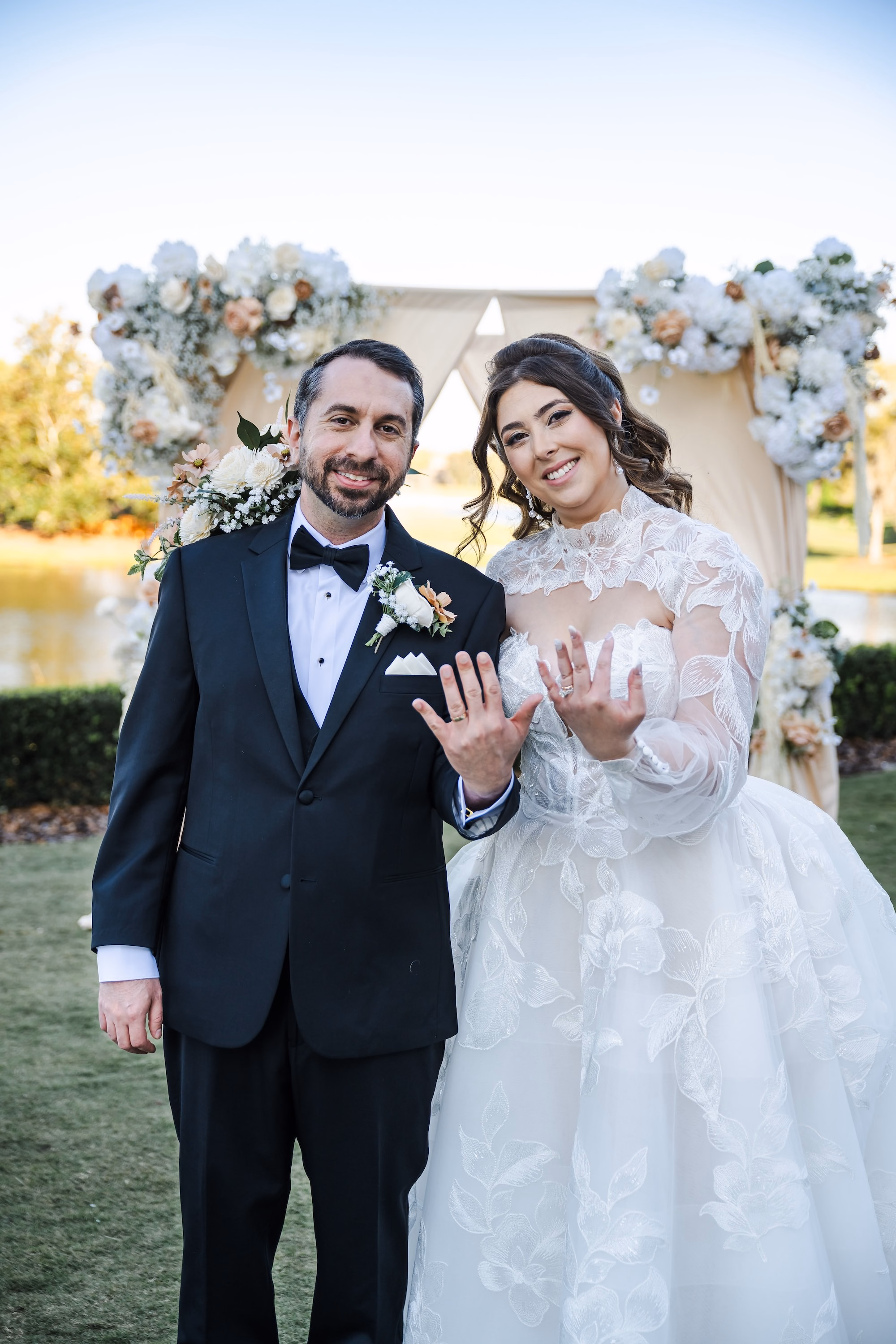 29Romantic Gold and Ivory Florida Wedding Ideas - Romantic Ivory and Gold Sarasota Wedding | Lakewood Ranch Golf & Country Club Bride and Groom Outdoor Spring Wedding Portrait | Champagne Draped Chuppah with White, Blush and Ivory Floral Decor Inspiration | Traditional Jewish Wedding Ceremony Country Club Wedding Ideas | Long Sleeve, High Neck Floral Detailed Wedding Gown Inspiration | St. Pete Photographer and Videographer Iyrus Weddings