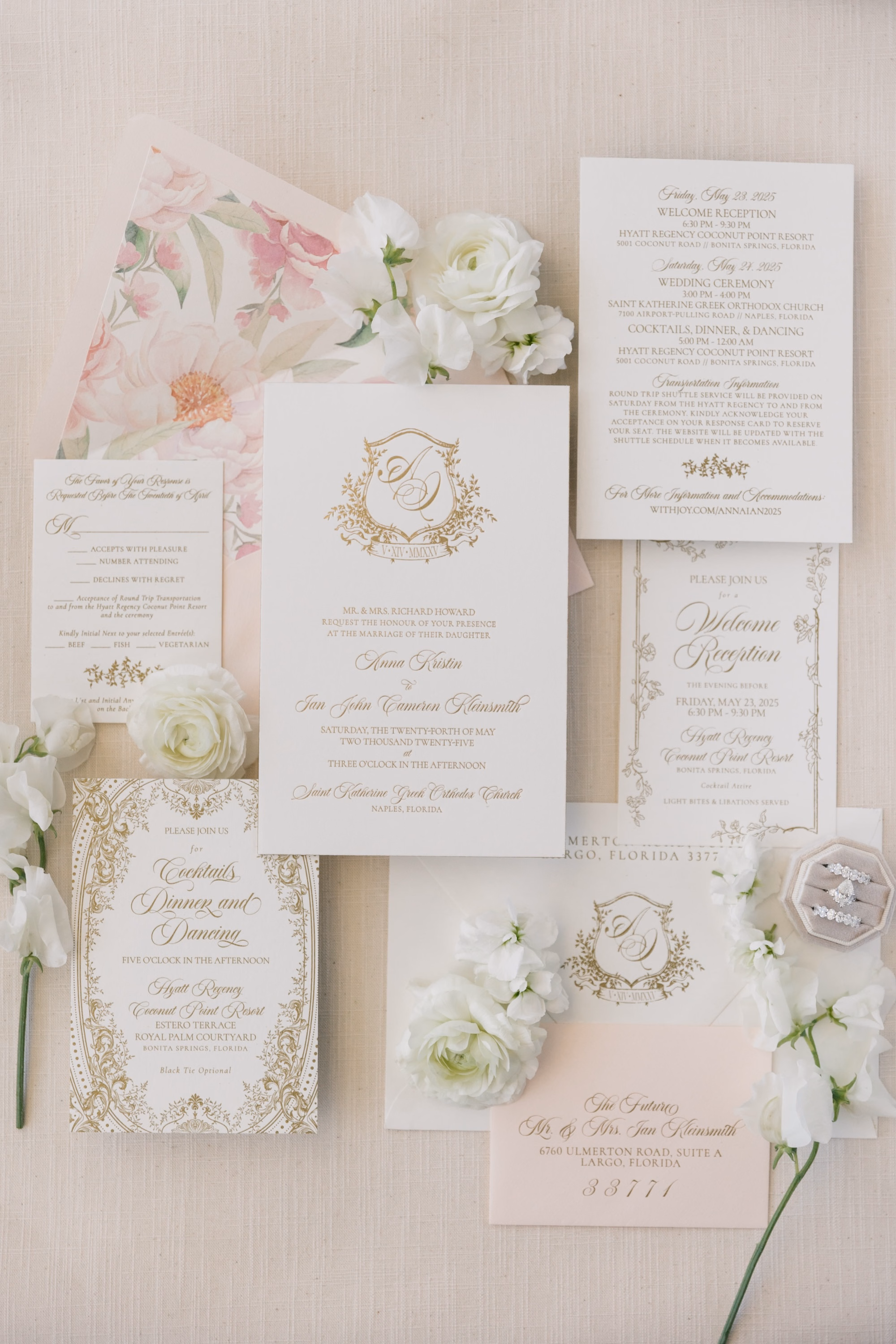 2Luxurious Romantic Garden Ballroom Wedding Inspiration - Luxurious Garden-Inspired Naples Wedding | Hyatt Regency Coconut Point Blush and Gold Wedding Invitation Suite Flat Lay | Watercolor Floral and Gold Monogram Crest Stationery Inspiration | Ivory Rose and Ranunculus Styling Ideas | Wedding Planner Parties A’ La Carte