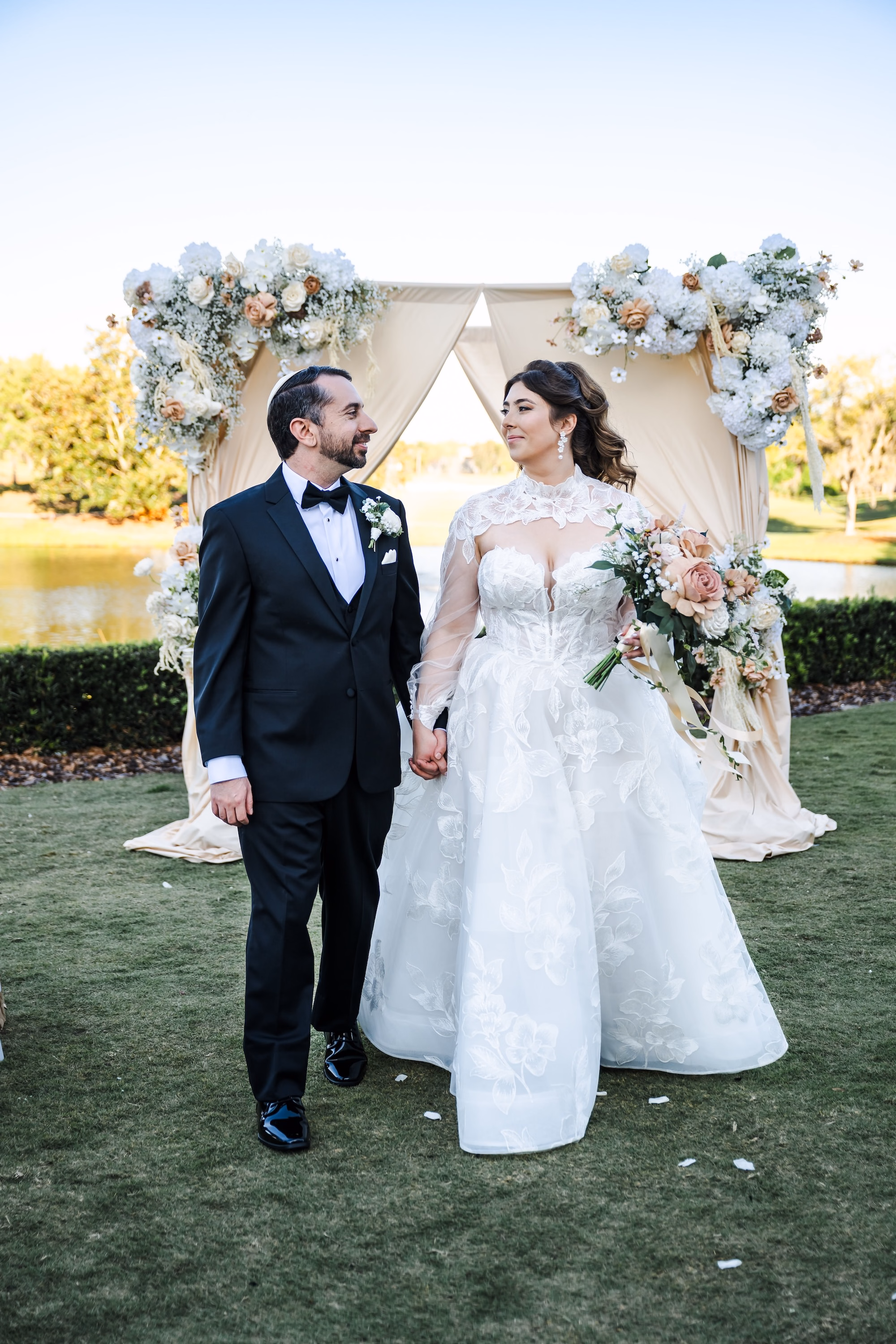 30Romantic Gold and Ivory Florida Wedding Ideas - Romantic Ivory and Gold Sarasota Wedding | Lakewood Ranch Golf & Country Club Bride and Groom Outdoor Spring Wedding Portrait | Champagne Draped Chuppah with White, Blush and Ivory Floral Decor Inspiration | Traditional Jewish Wedding Ceremony Country Club Wedding Ideas | St. Pete Photographer and Videographer Iyrus Weddings
