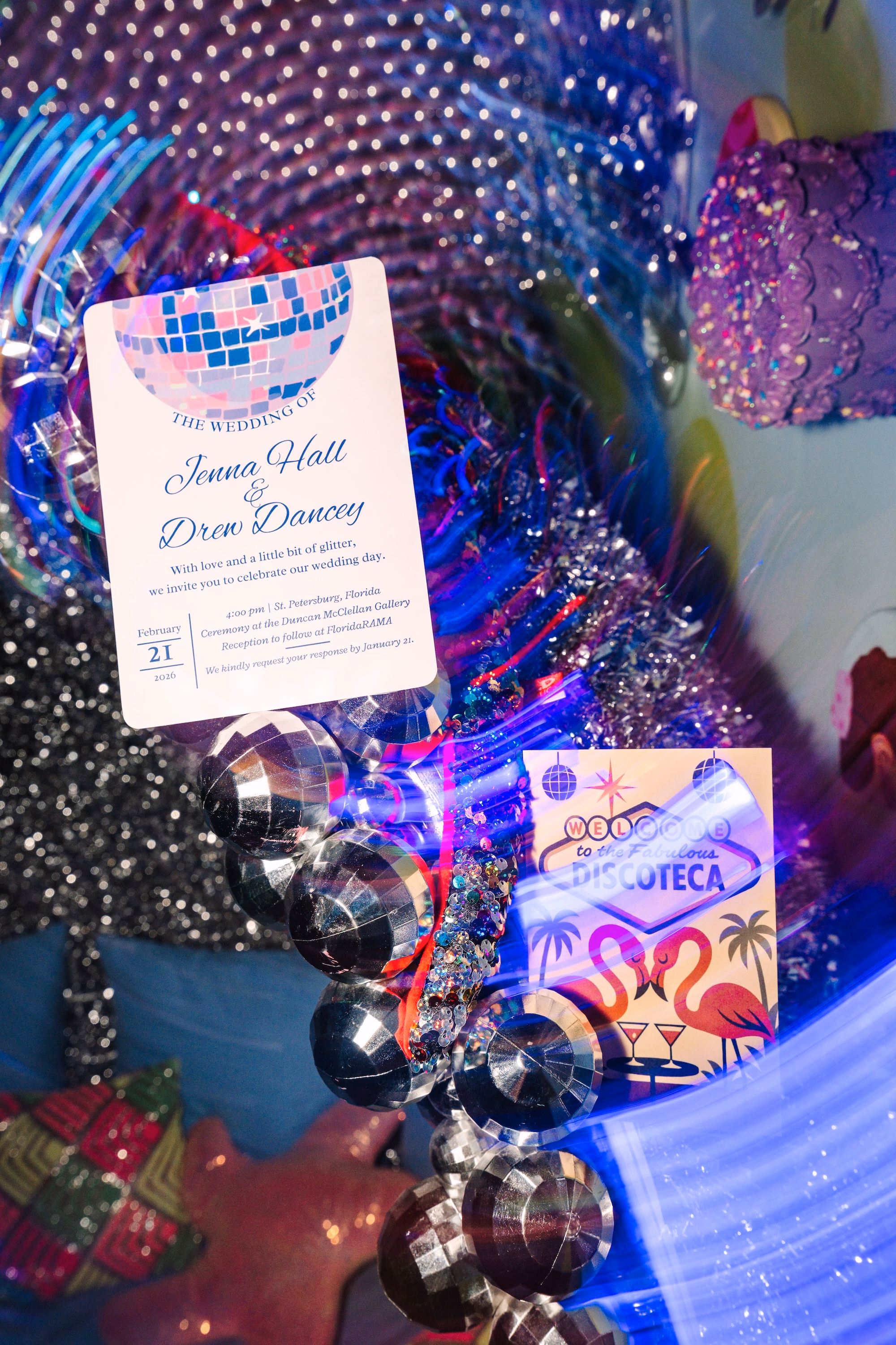 32Vibrant Disco Themed Wedding Inspiration St Pete Musuem Venue FloridaRAMA - Neon Disco Meets Old Florida St. Pete Wedding | FloridaRAMA Wedding Invitation Suite with Mini Disco Balls, Iridescent Sequins and Neon Lights Ideas | Hot Pink, Neon Disco Ball Wedding Reception Decor Inspiration | Old Florida Wedding Reception Ideas