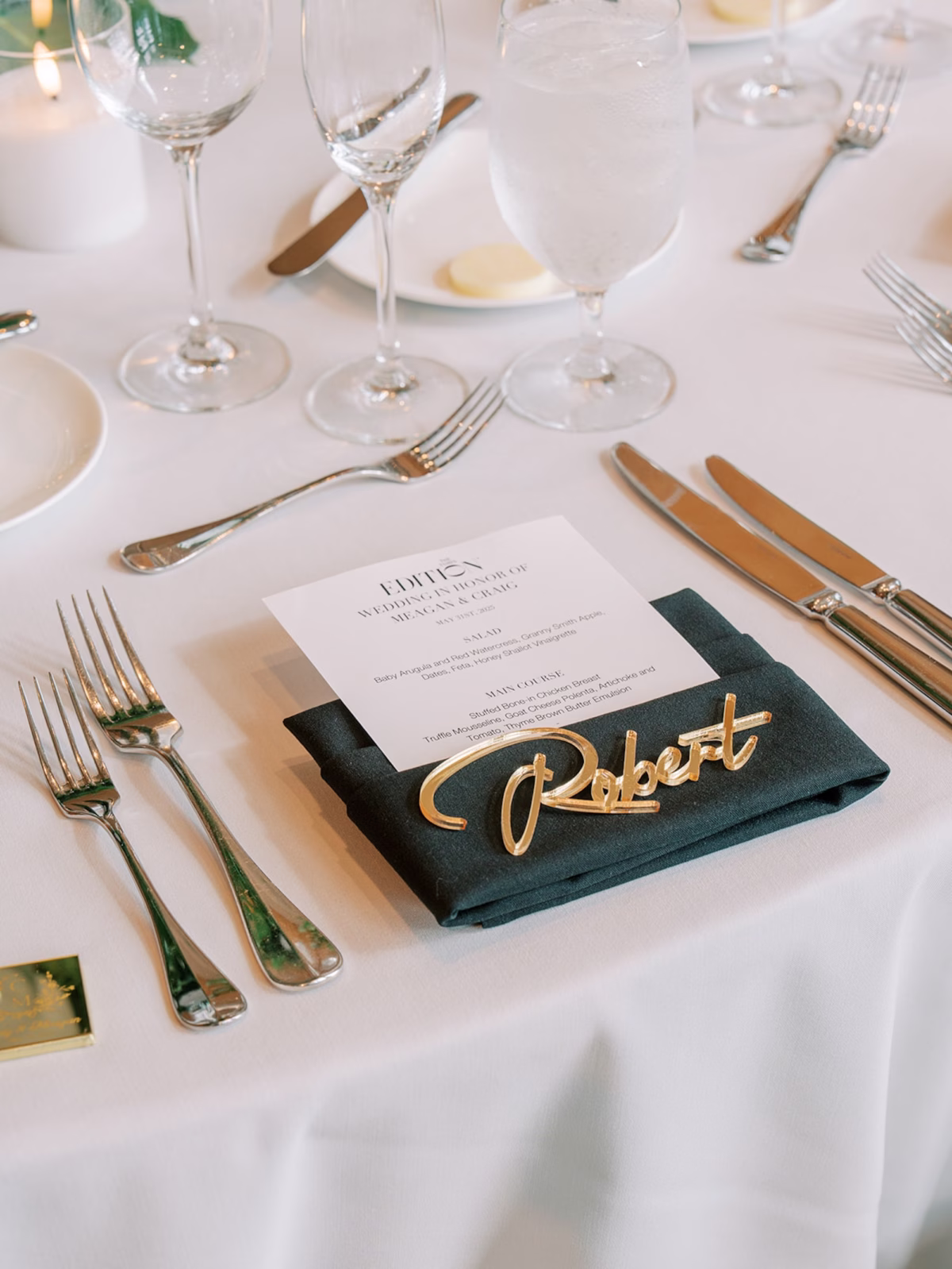 Wedding Place Setting with Black Napkin, Gold Script Name Place Card and Printed Menu Ideas | Tampa Planner Seashine Weddings & Events