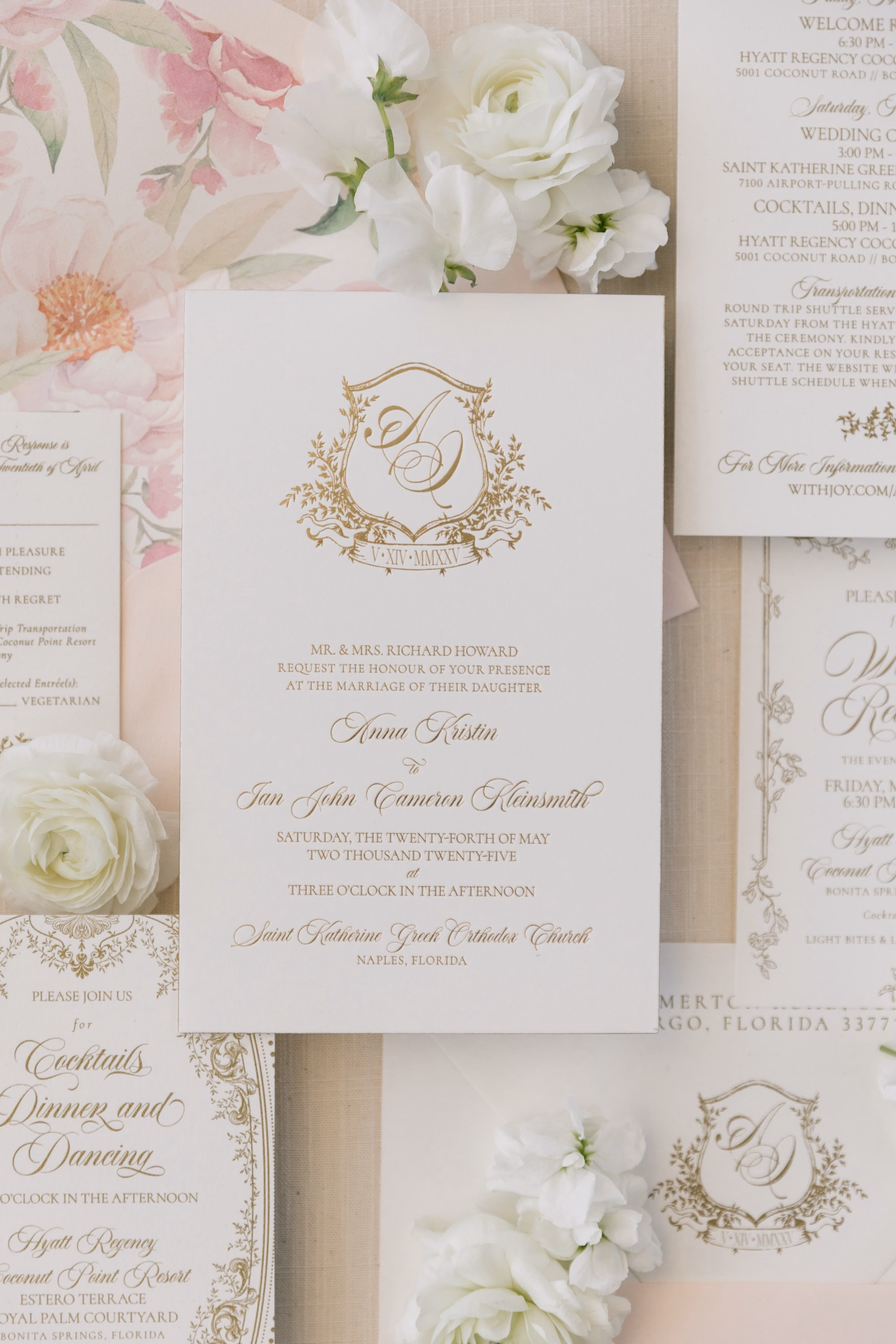3Luxurious Romantic Garden Ballroom Wedding Inspiration - Luxurious Garden-Inspired Naples Wedding | Hyatt Regency Coconut Point Gold Monogram Crest Wedding Invitation Suite Detail | Blush Watercolor Floral Stationery Inspiration | Classic Formal Wedding Invitation Ideas | Wedding Planner Parties A’ La Carte
