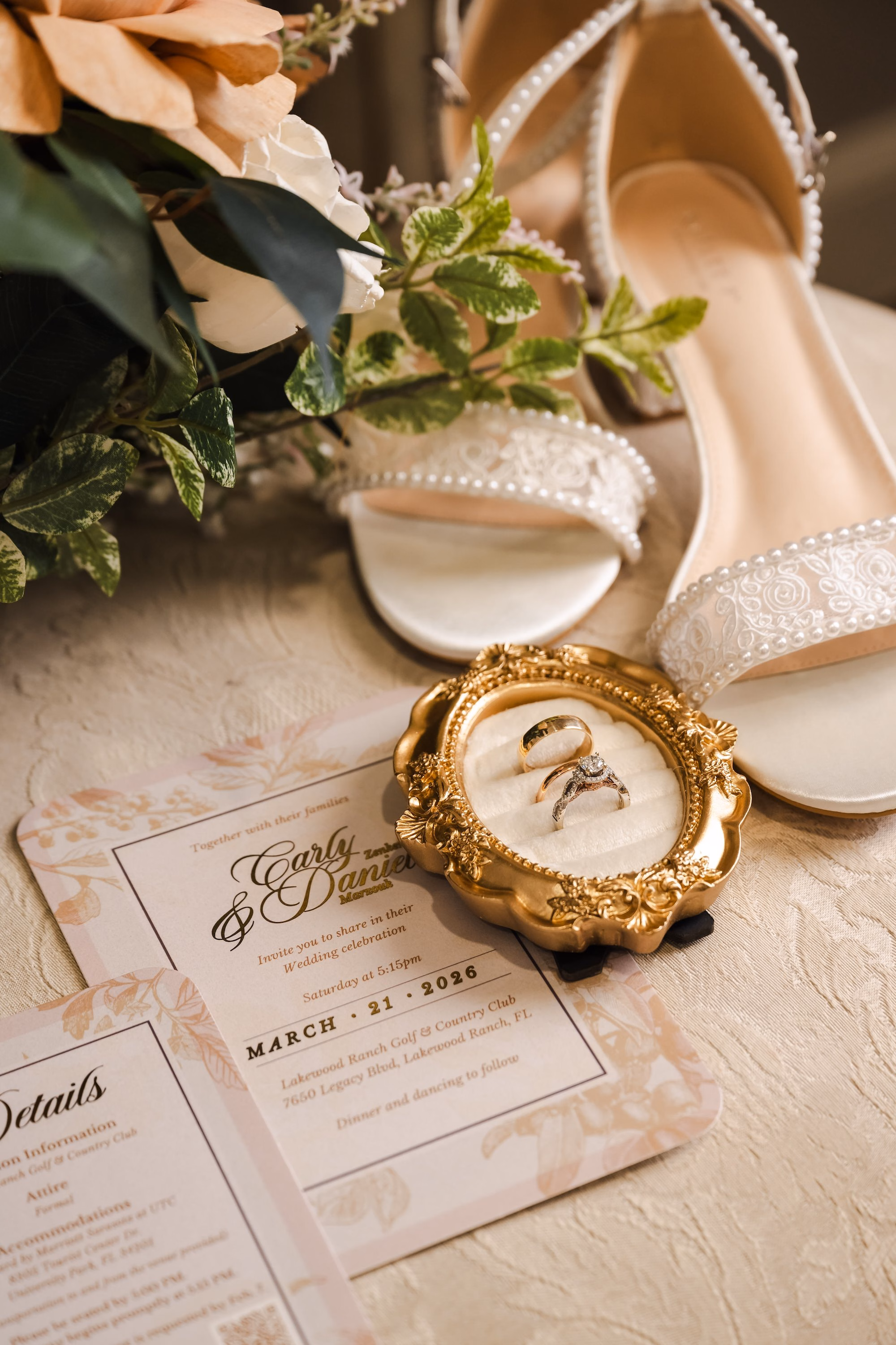 3Romantic Gold and Ivory Florida Wedding Ideas - Romantic Ivory and Gold Sarasota Wedding | Lakewood Ranch Golf & Country Club Romantic Neutral Beige Cream and Blush Wedding Invitation Suite Inspiration | Bridal Details with White Bow Heels, Gold Ring Box, Pearl Bracelet and Vintage Jewelry Inspiration