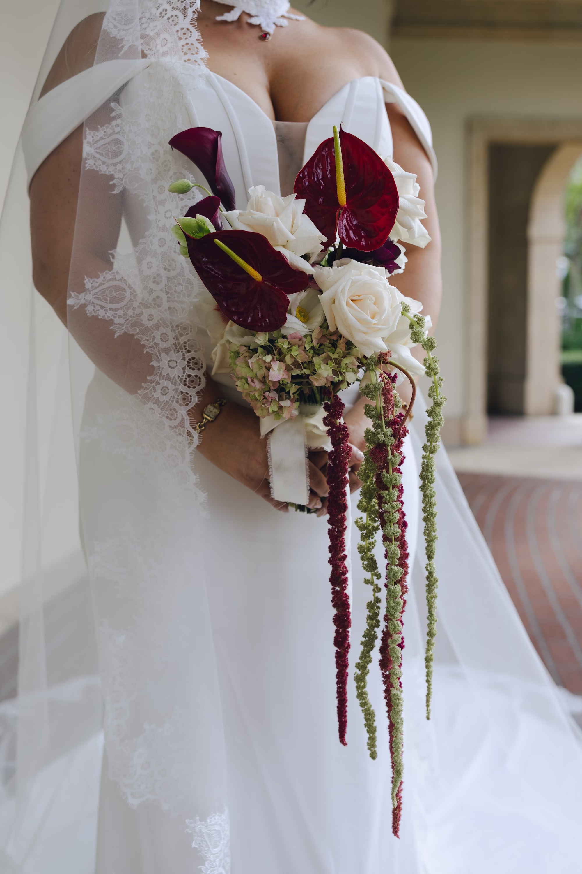 4Burgundy Vintage Romance Wedding Ideas - Vintage Romance Pink and Burgundy Downtown St. Pete Wedding | NOVA 535 Burgundy Anthurium, White Rose, Orchid and Hanging Amaranthus Bridal Bouquet with Lace Veil Ideas