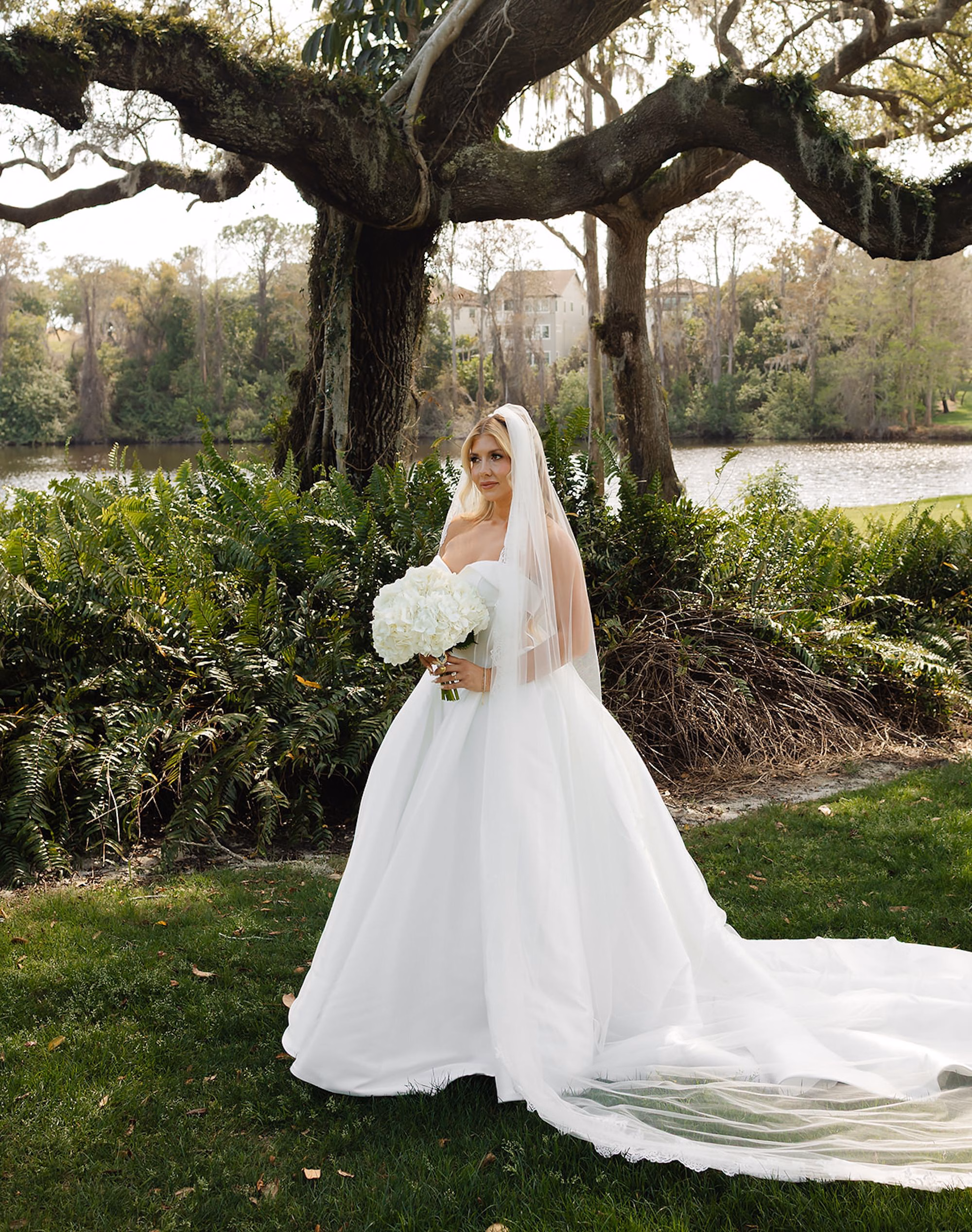 Bride in Strapless Ballgown Wedding Dress with White Hydrangea Bouquet Under Oak Tree by Lake | Palm Harbor Event Venue Innisbrook Resort