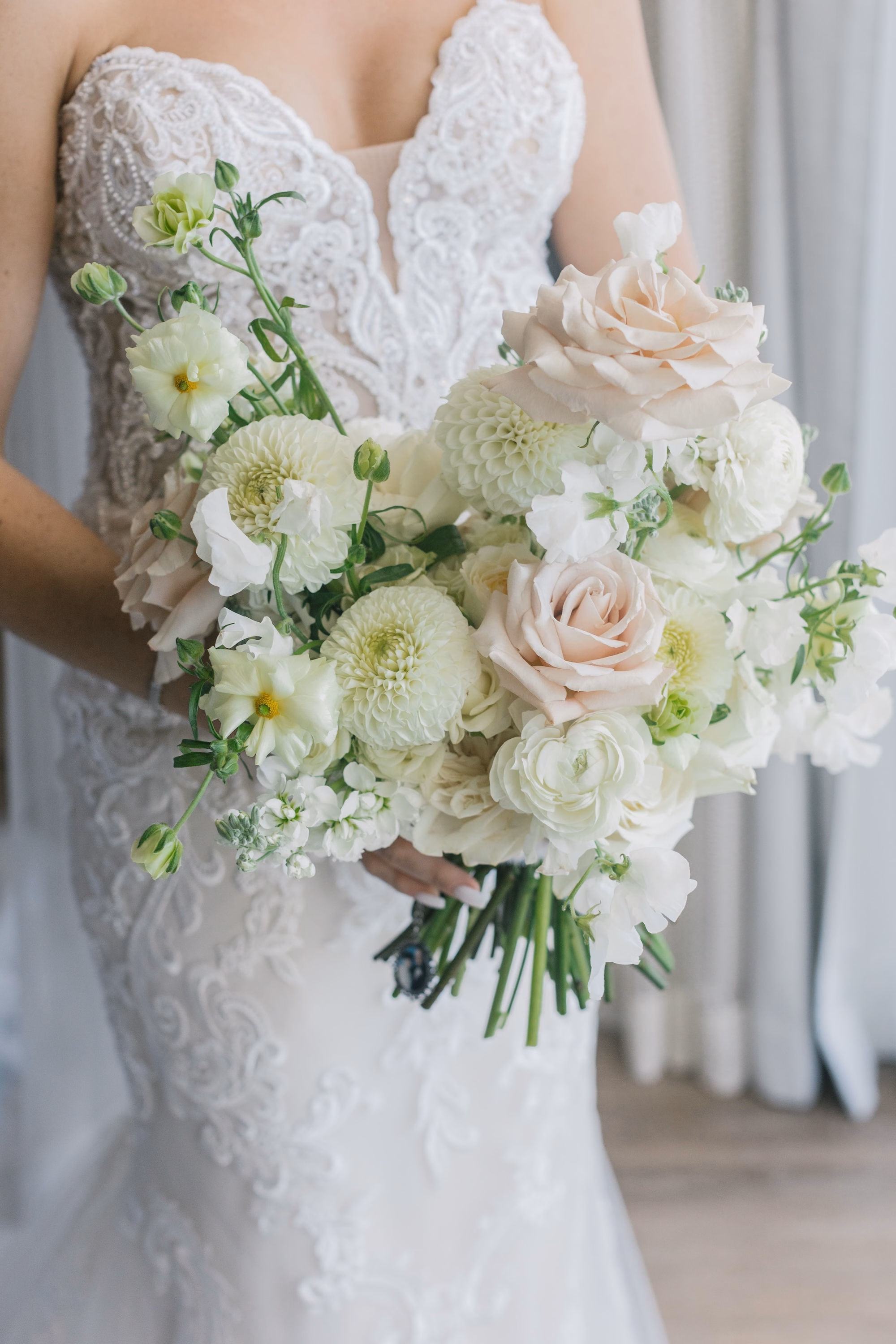 6Luxurious Romantic Garden Ballroom Wedding Inspiration - Luxurious Garden-Inspired Naples Wedding | Hyatt Regency Coconut Point Bridal Bouquet Detail Wedding Portrait | White Rose, Dahlia and Blush Garden Rose Bouquet Inspiration | Lace Sweetheart Bodice Wedding Gown Ideas