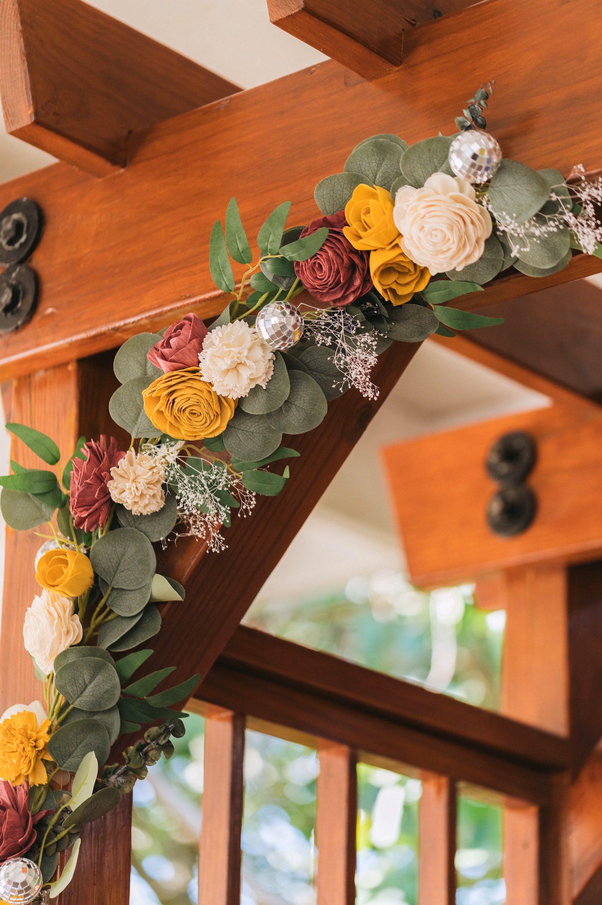 7St Pete Museum Outdoor Garden Ceremony Venue Duncan McClellan Gallery - Neon Disco Meets Old Florida St. Pete Wedding | FloridaRAMA Mustard, Plum and Ivory Flower Arch Arrangement Decor with Eucalyptus on Wedding Ceremony Wooden Pergola Ideas