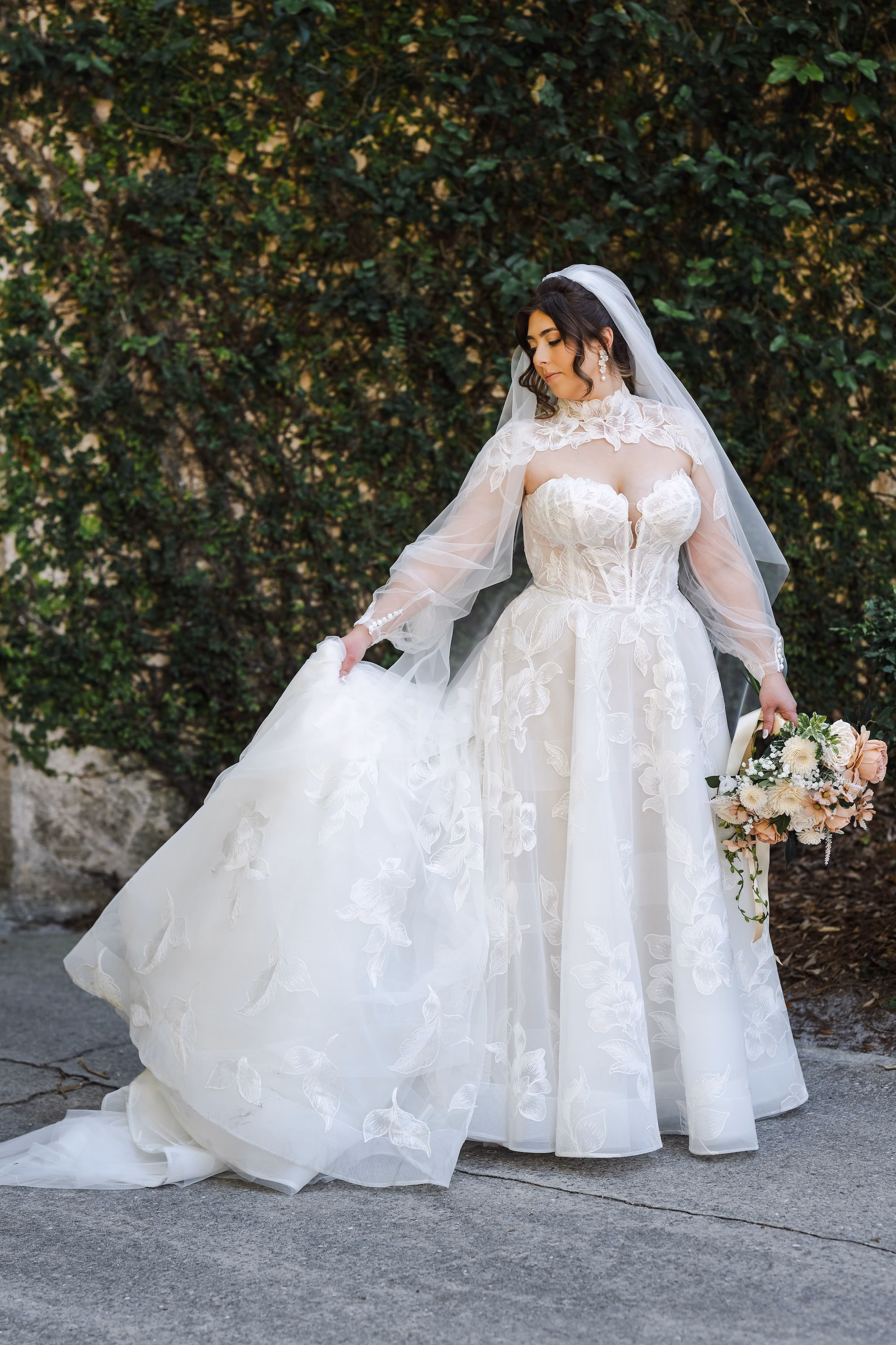 8Romantic Gold and Ivory Florida Wedding Ideas - Romantic Ivory and Gold Sarasota Wedding | Lakewood Ranch Golf & Country Club Bride Wedding Portrait | White Long Sleeve, High Neck Lace Ballgown Wedding Dress with Cathedral Veil Inspiration | White, Ivory and Blush Bridal Bouquet Ideas | St. Pete Wedding Photographer and Videographer Iyrus Weddings